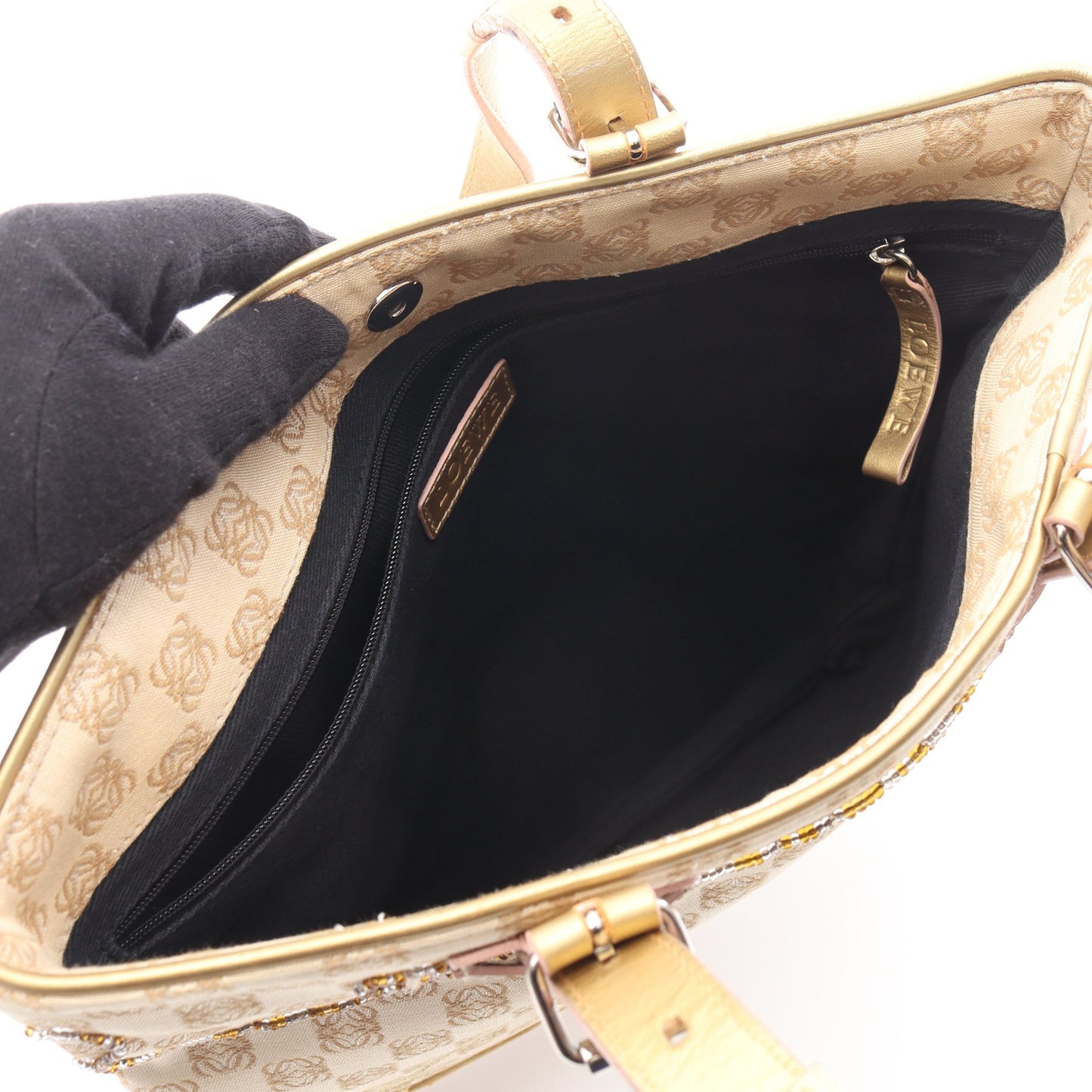リピートアナグラム ハンドバッグ キャンバス レザー ベージュ ゴールド ロエベ バッグ LOEWE