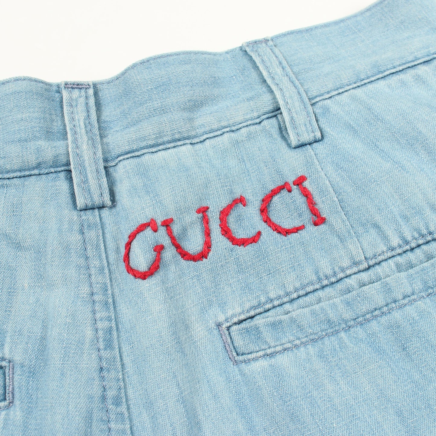 ロゴ刺繍 ワイド デニムパンツ コットン ライトブルー グッチ ボトムス GUCCI