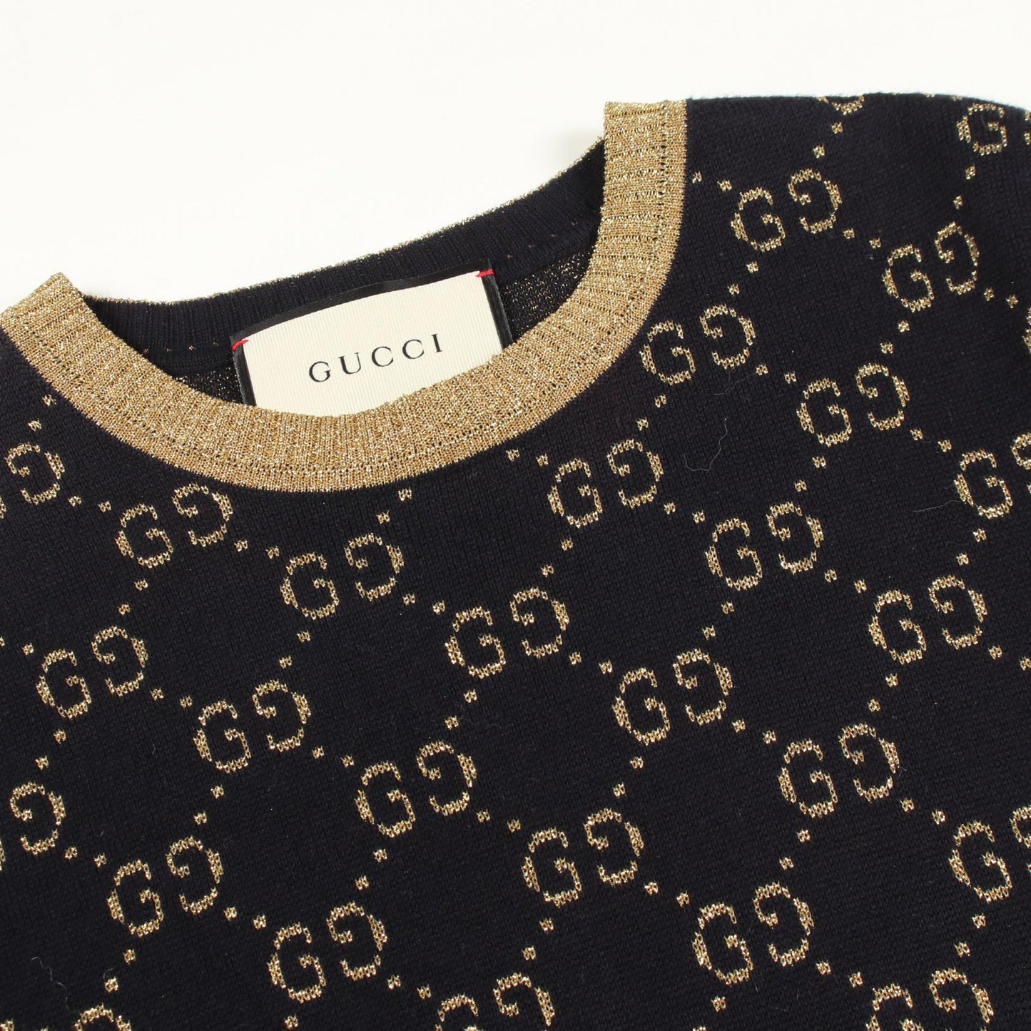 GGコットンラメ 半袖 ニット コットン ネイビー ゴールド グッチ トップス GUCCI