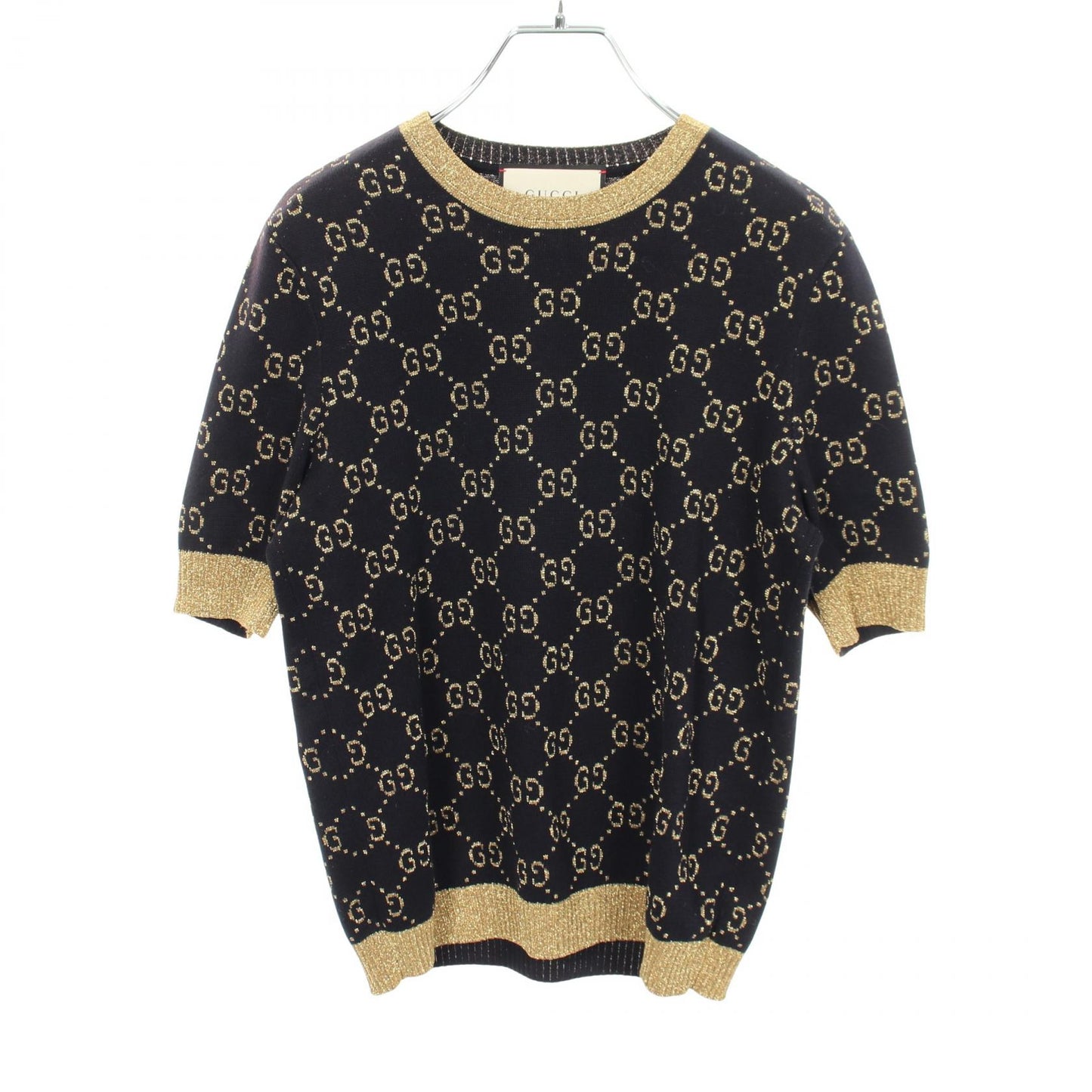 GGコットンラメ 半袖 ニット コットン ネイビー ゴールド グッチ トップス GUCCI