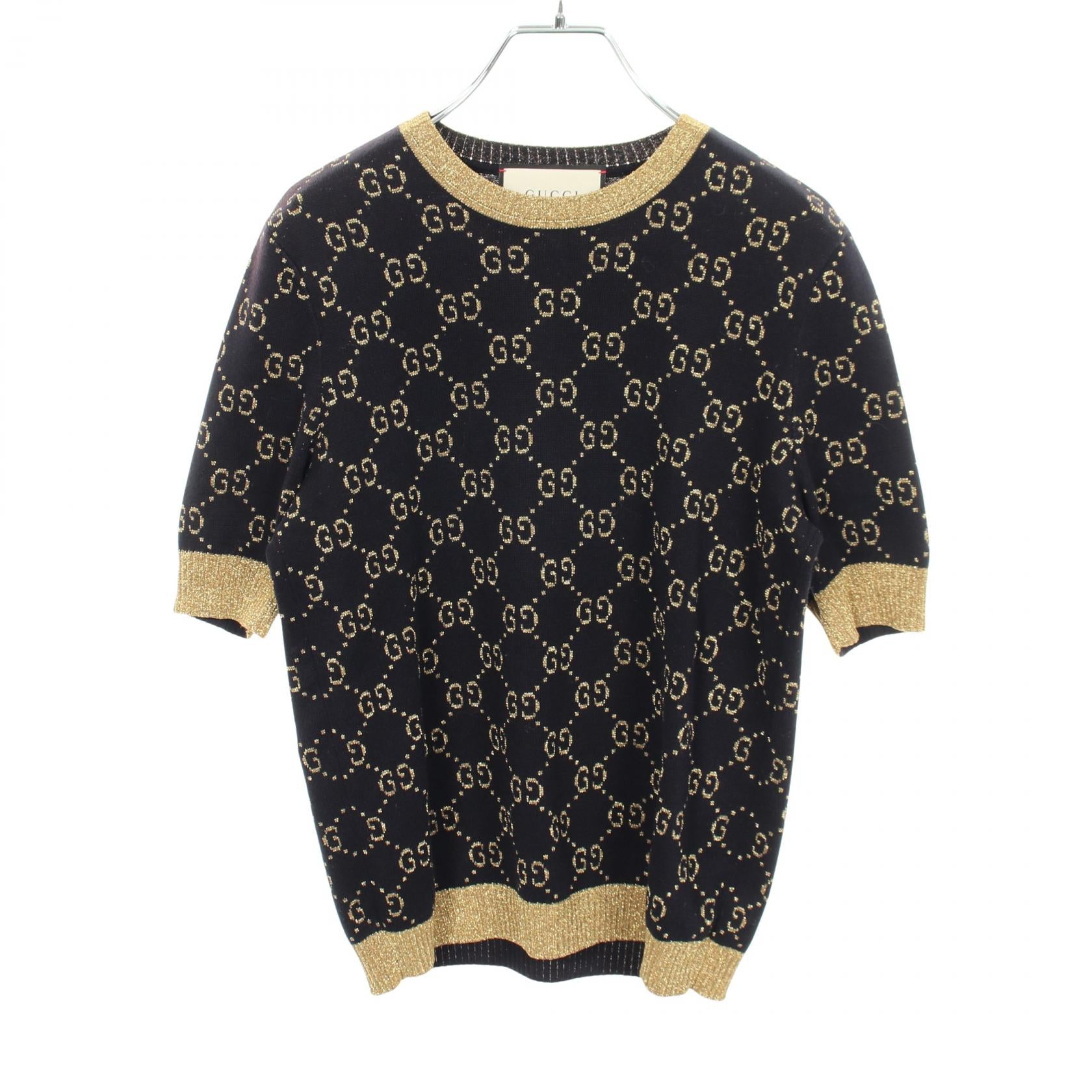 GGコットンラメ 半袖 ニット コットン ネイビー ゴールド グッチ トップス GUCCI