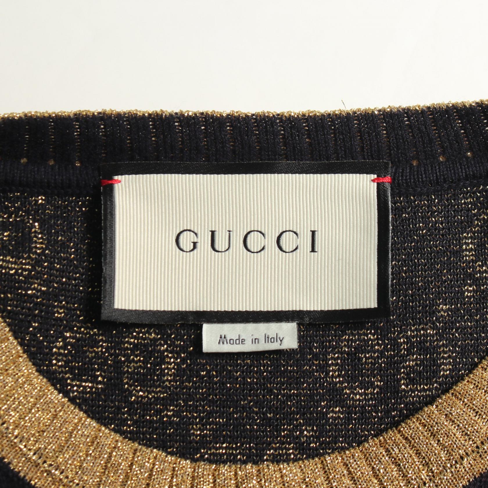 GGコットンラメ 半袖 ニット コットン ネイビー ゴールド グッチ トップス GUCCI
