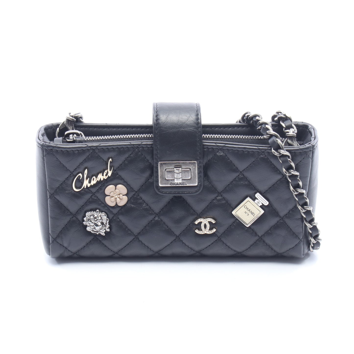 2.55 マトラッセ アイコン フォンホルダー チェーンショルダーバッグ レザー ブラック シルバー金具 シャネル バッグ CHANEL