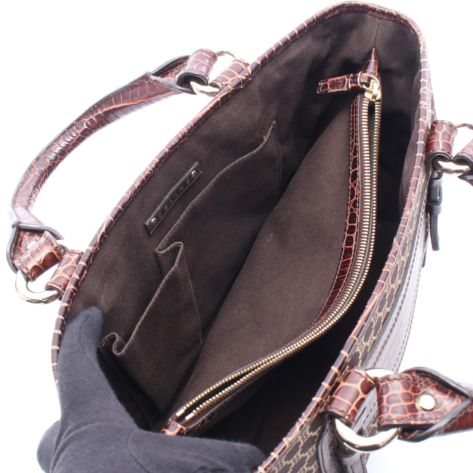 ブギーバッグ マカダム クロコ型押し ハンドバッグ キャンバス レザー ダークブラウン ベージュ セリーヌ バッグ CELINE