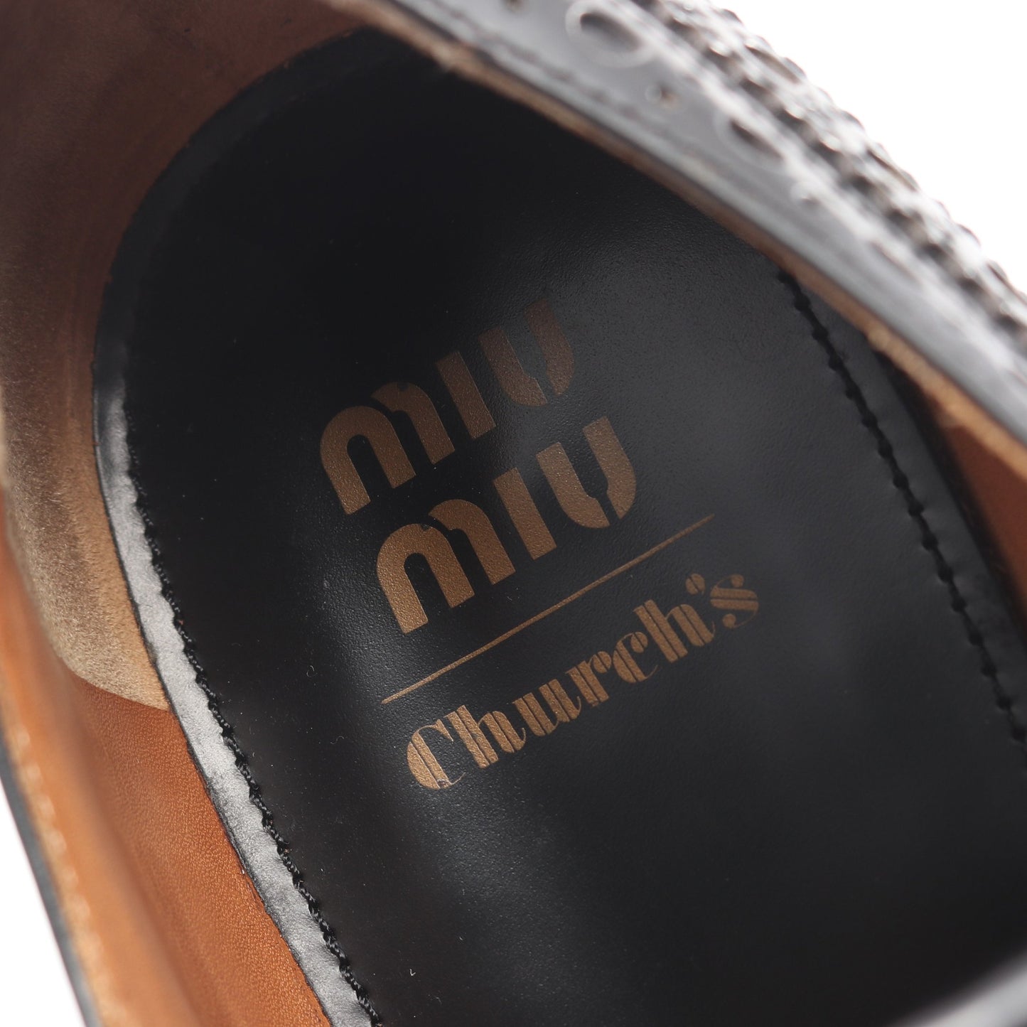 miu miu × Church's ブラッシュドレザー オックスフォードグローグシューズ ドレスシューズ レザー ブラック ミュウミュウ シューズ miu miu