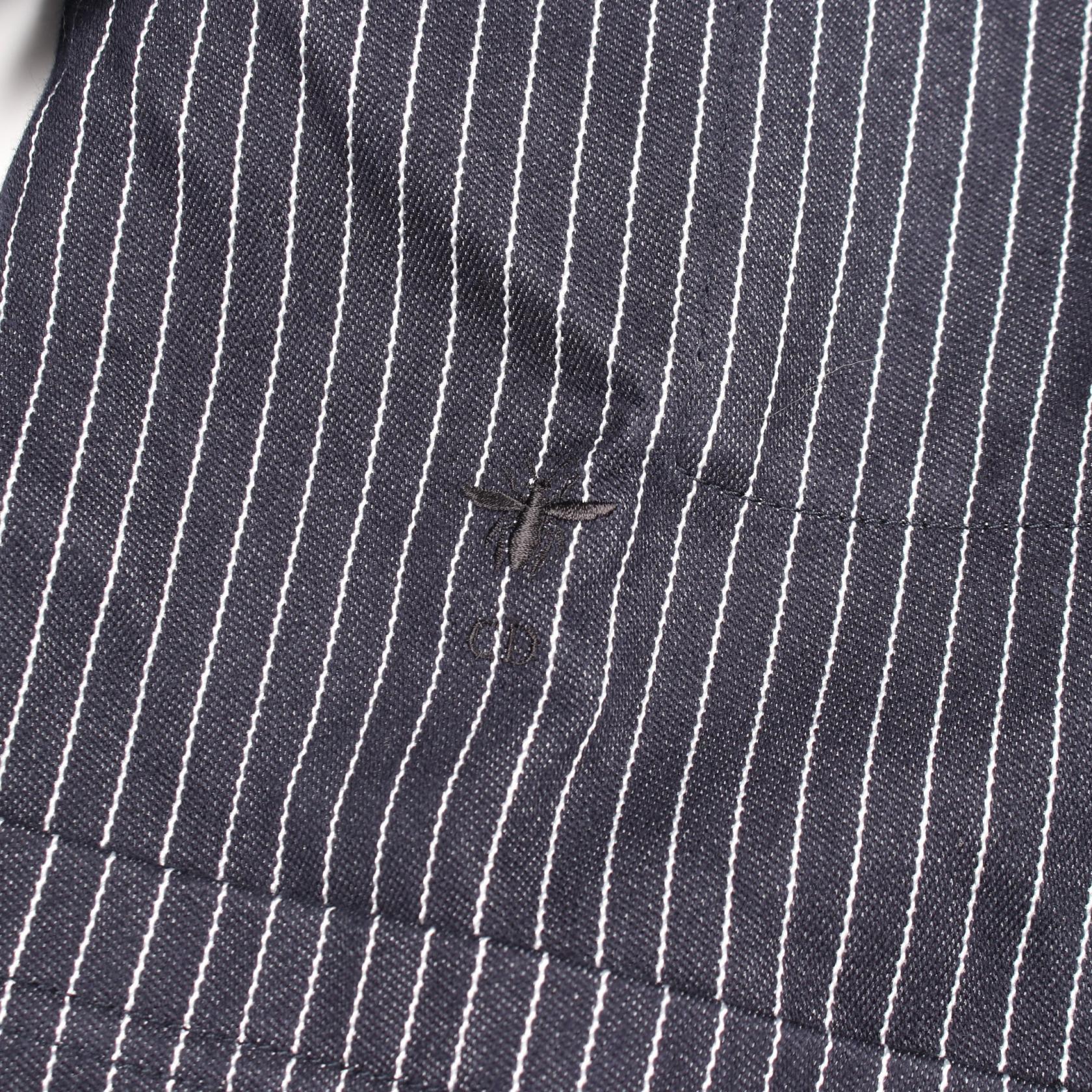 BEE刺繍 ストライプ シャツ ジャケット コットン シルク ネイビー