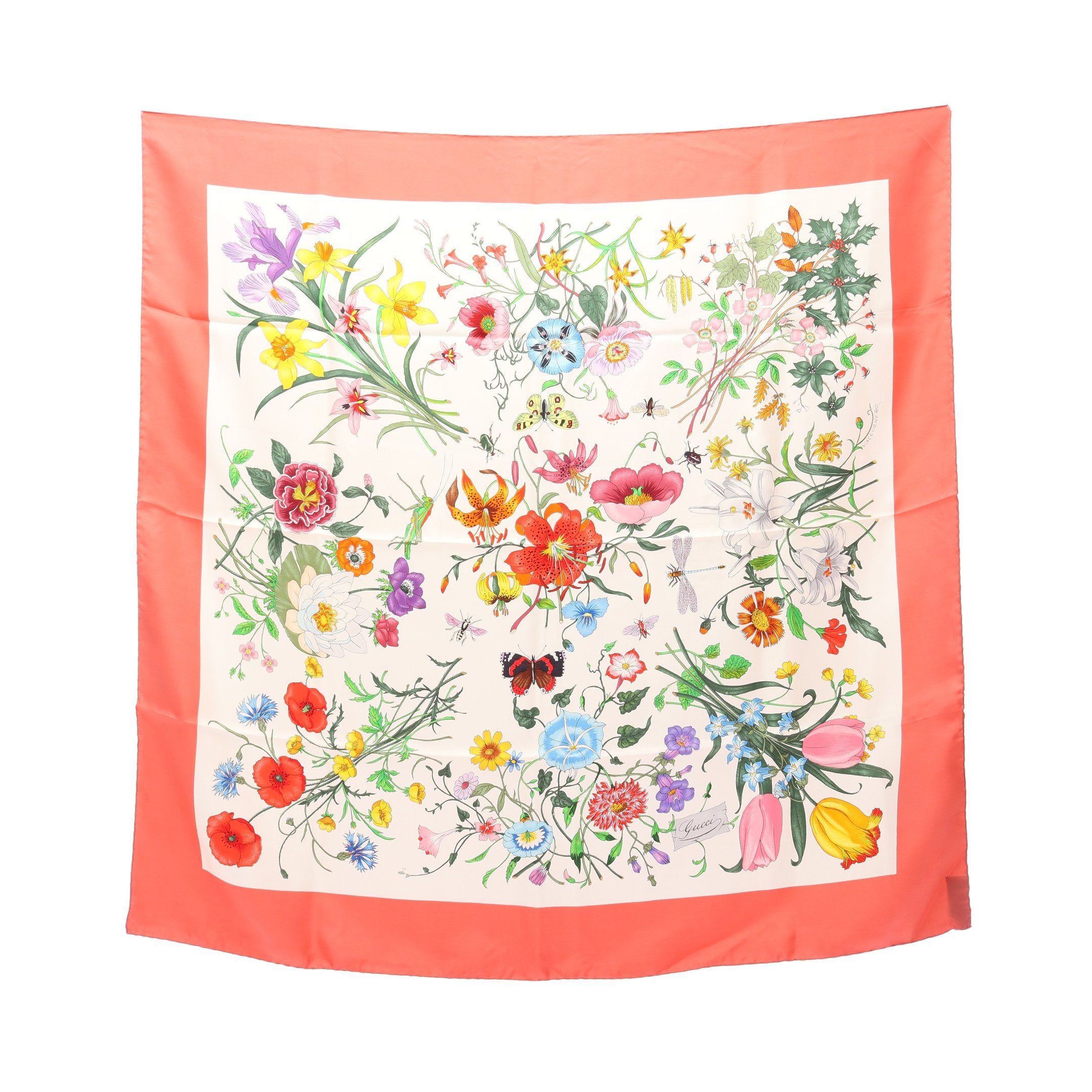 グッチ　Gucci スカーフ　 花柄シルクスカーフ　ホワイト 花柄 フラワー スカーフ シルク ピンク ホワイト マルチカラー グッチ