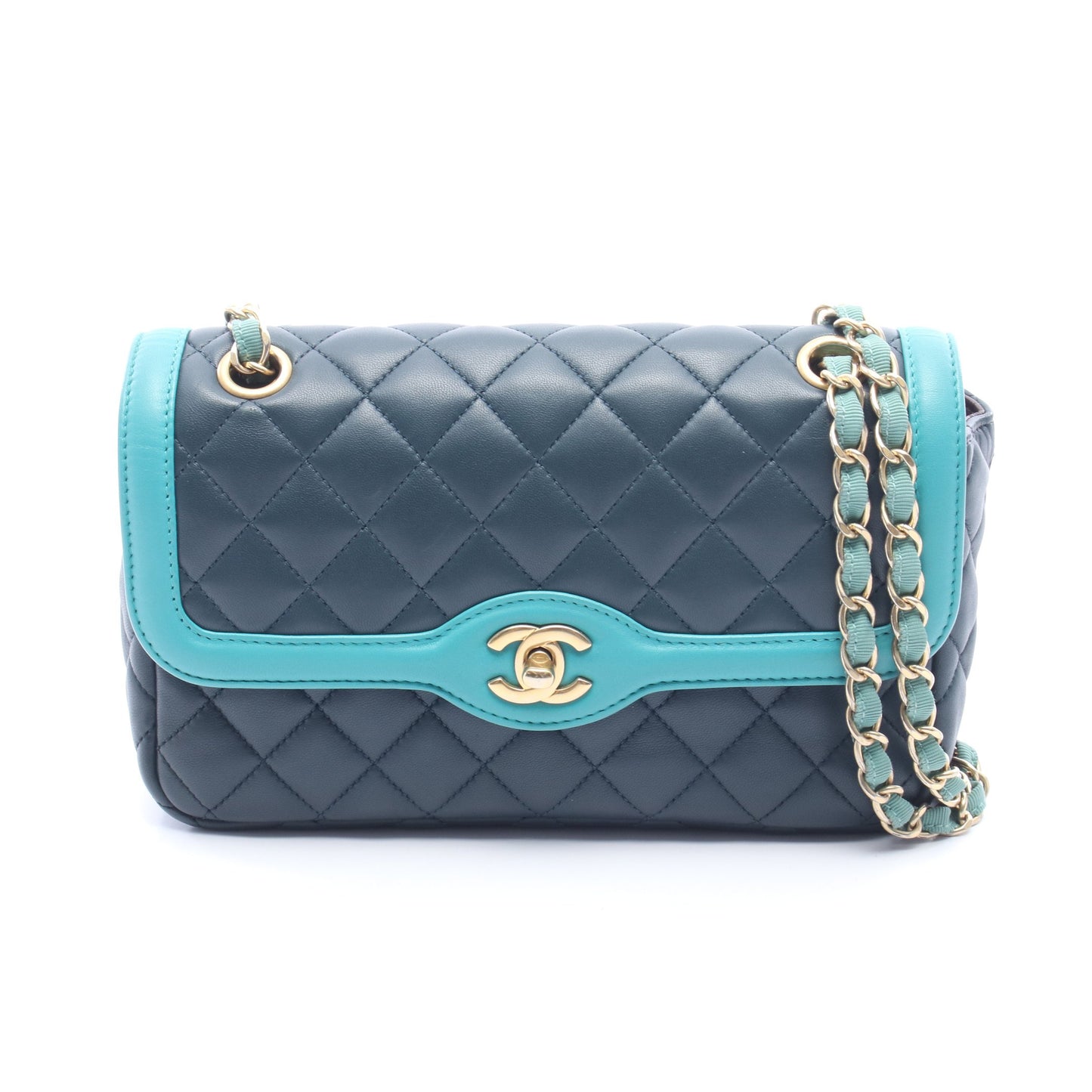 マトラッセ Wチェーンショルダーバッグ レザー ダークグリーン エメラルドグリーン ゴールド金具 シャネル バッグ CHANEL