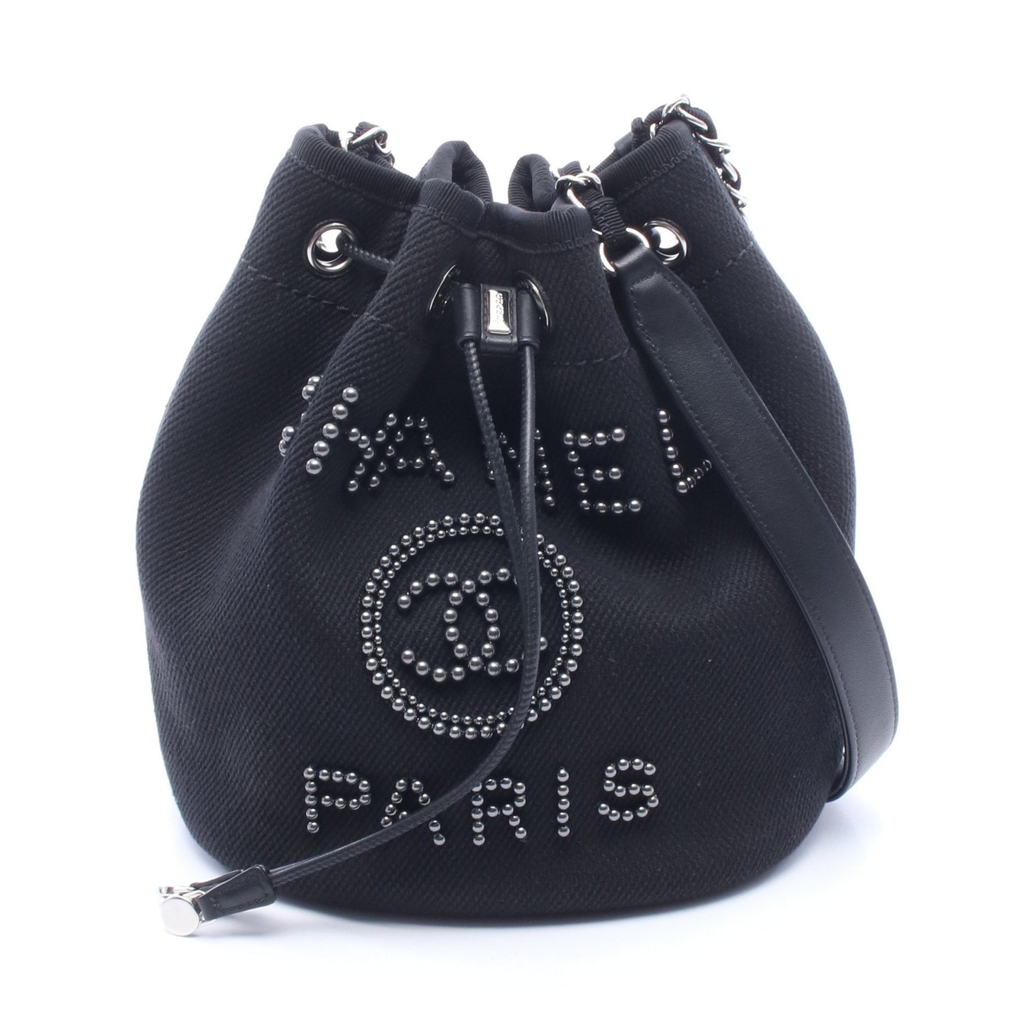 ドーヴィル 巾着 チェーンショルダーバッグ キャンバス レザー ブラック シルバー金具 シャネル バッグ CHANEL