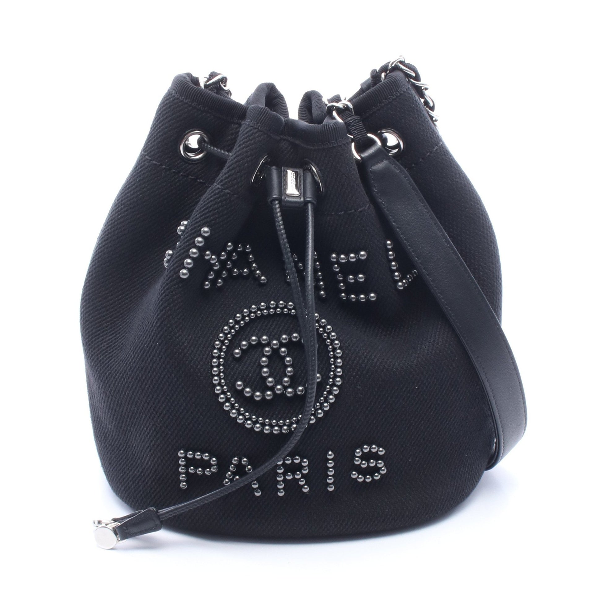 ドーヴィル 巾着 チェーンショルダーバッグ キャンバス レザー ブラック シルバー金具 シャネル バッグ CHANEL