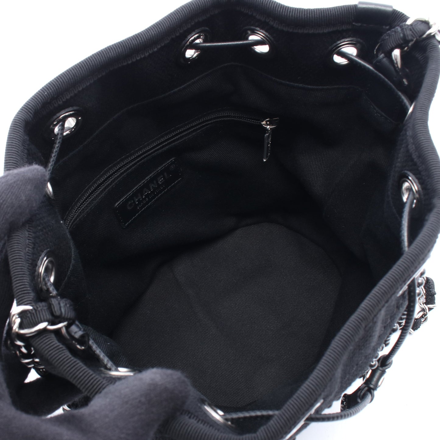 ドーヴィル 巾着 チェーンショルダーバッグ キャンバス レザー ブラック シルバー金具 シャネル バッグ CHANEL
