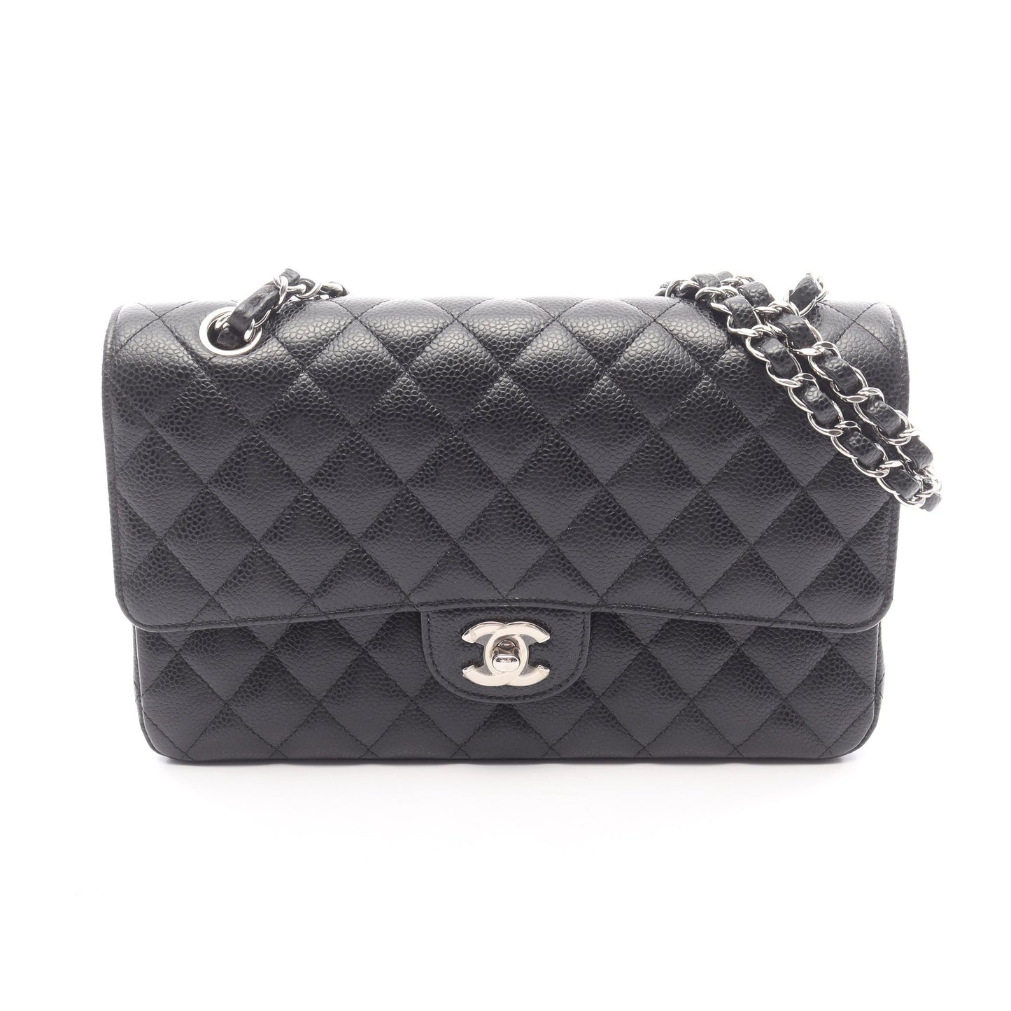 マトラッセ Wフラップ Wチェーンショルダーバッグ キャビアスキン ブラック シルバー金具 シャネル バッグ CHANEL