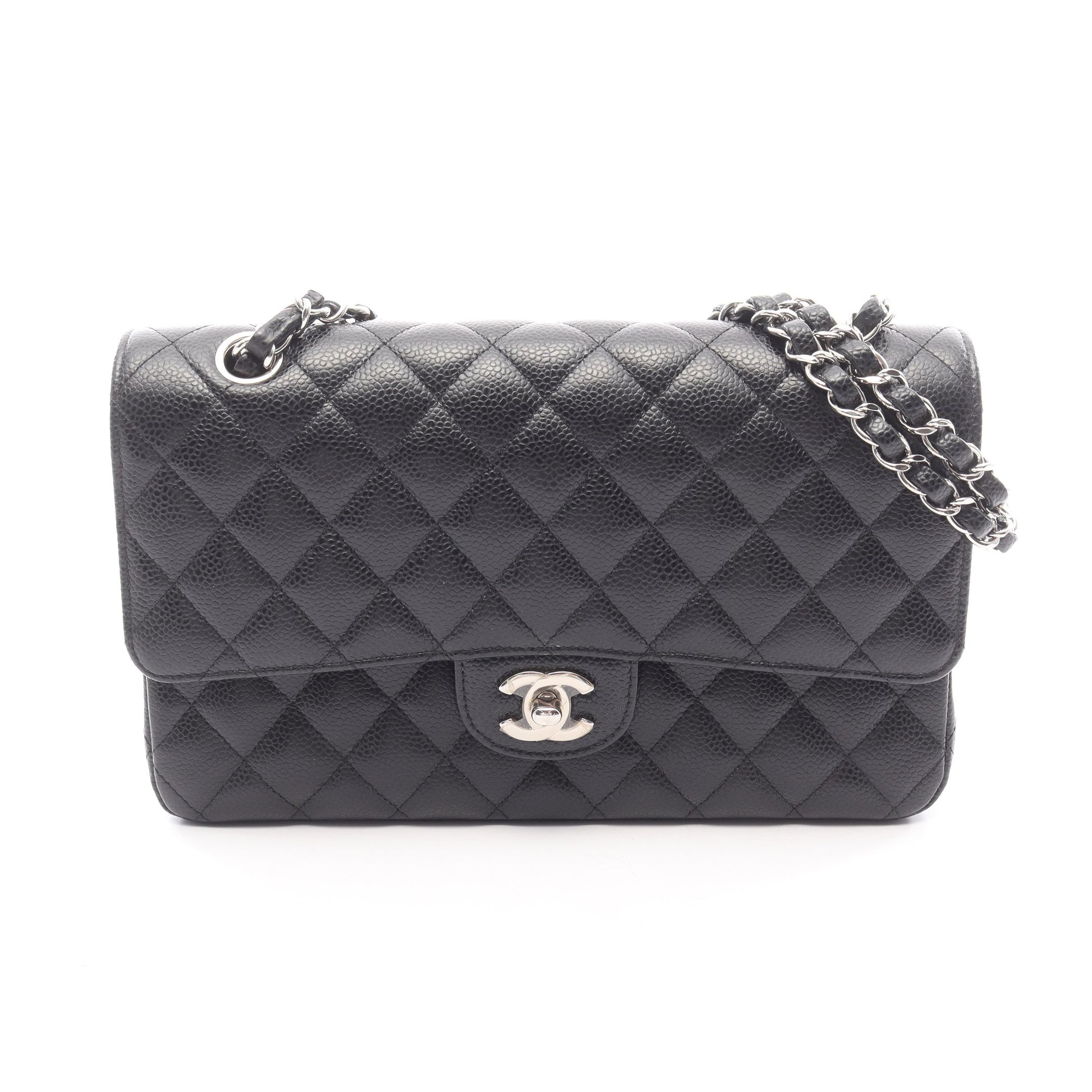 マトラッセ Wフラップ Wチェーンショルダーバッグ キャビアスキン ブラック シルバー金具 シャネル バッグ CHANEL