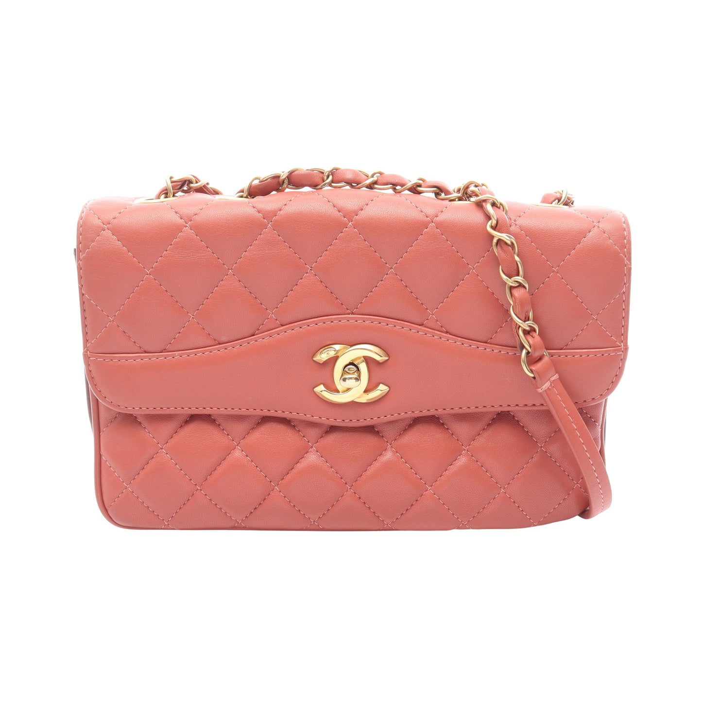マトラッセ チェーンショルダーバッグ ラムスキン コーラルピンク ボルドー ゴールド金具 シャネル バッグ CHANEL