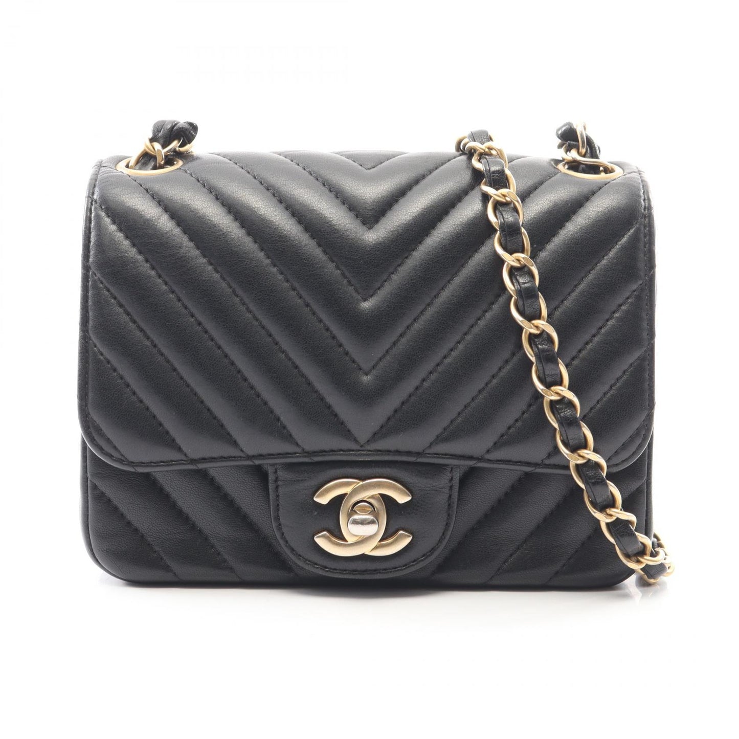 シェブロン Vステッチ ミニ チェーンショルダーバッグ ラムスキン ブラック ゴールド金具 シャネル バッグ CHANEL