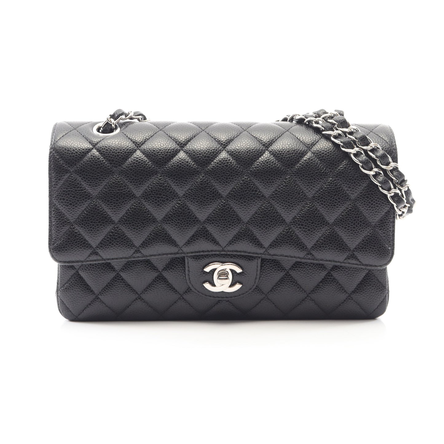 マトラッセ Wフラップ Wチェーンショルダーバッグ キャビアスキン ブラック シルバー金具 シャネル バッグ CHANEL