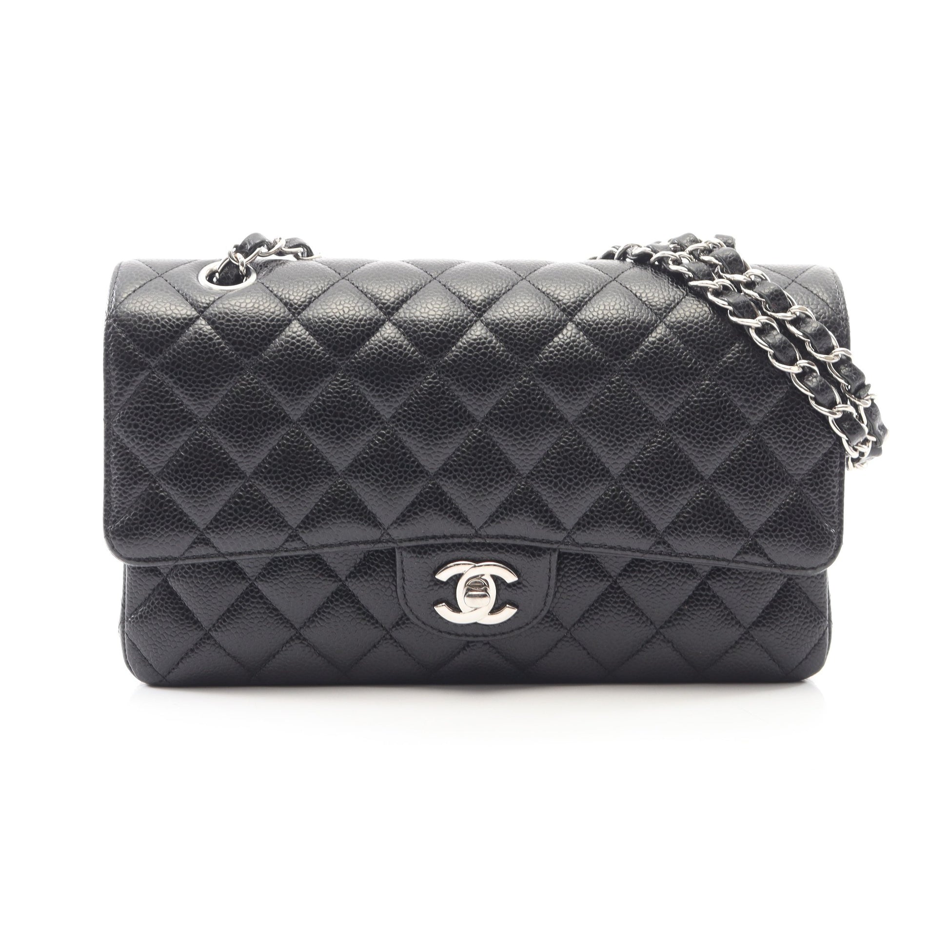 マトラッセ Wフラップ Wチェーンショルダーバッグ キャビアスキン ブラック シルバー金具 シャネル バッグ CHANEL