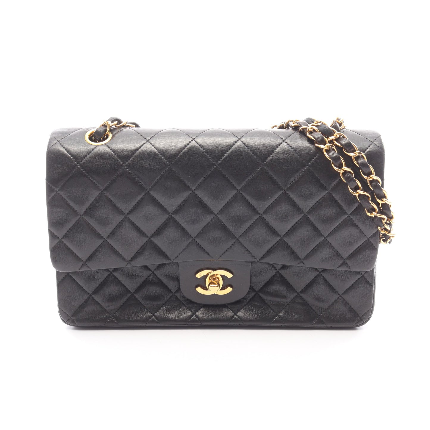 マトラッセ Wフラップ Wチェーンショルダーバッグ ラムスキン ブラック ゴールド金具 シャネル バッグ CHANEL