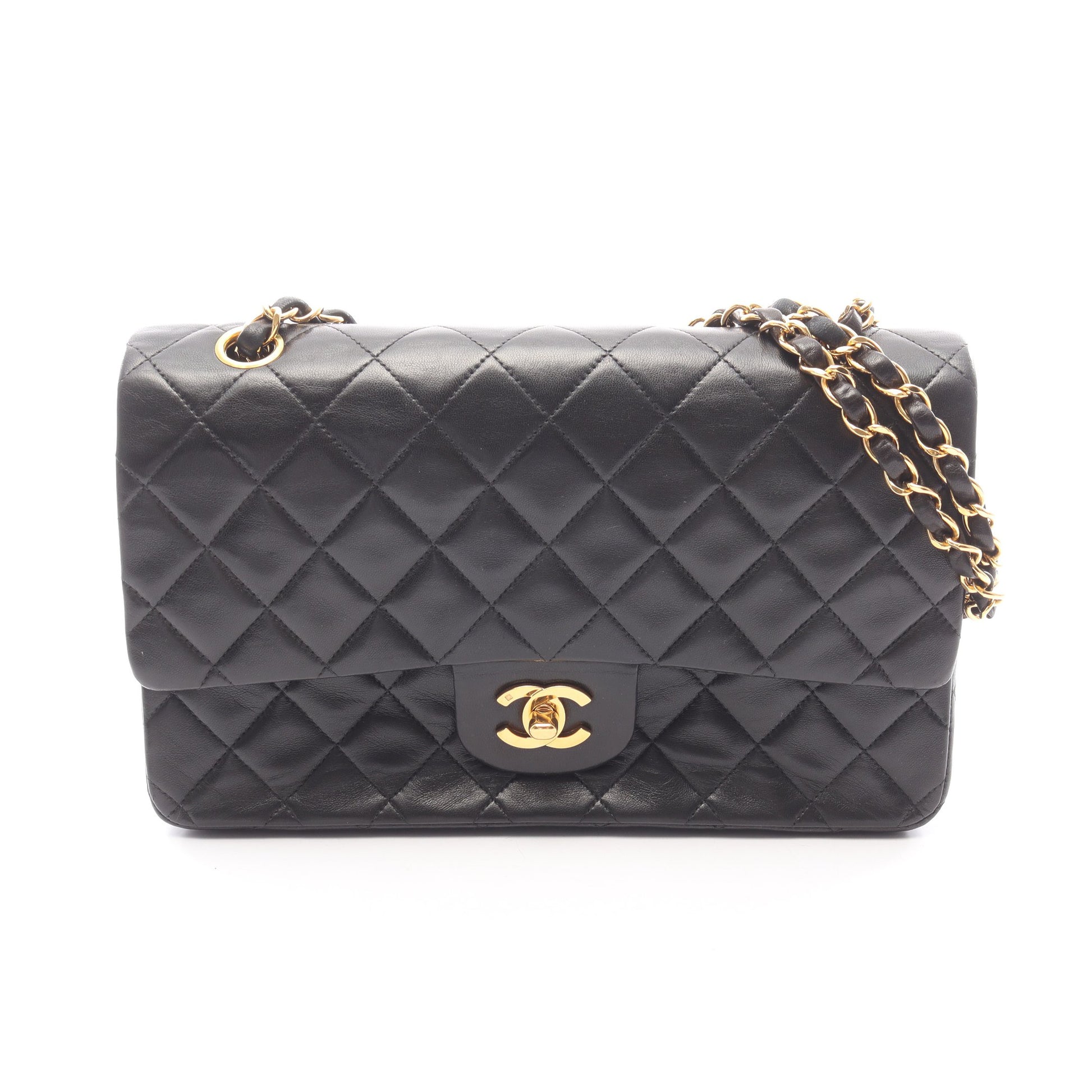 マトラッセ Wフラップ Wチェーンショルダーバッグ ラムスキン ブラック ゴールド金具 シャネル バッグ CHANEL
