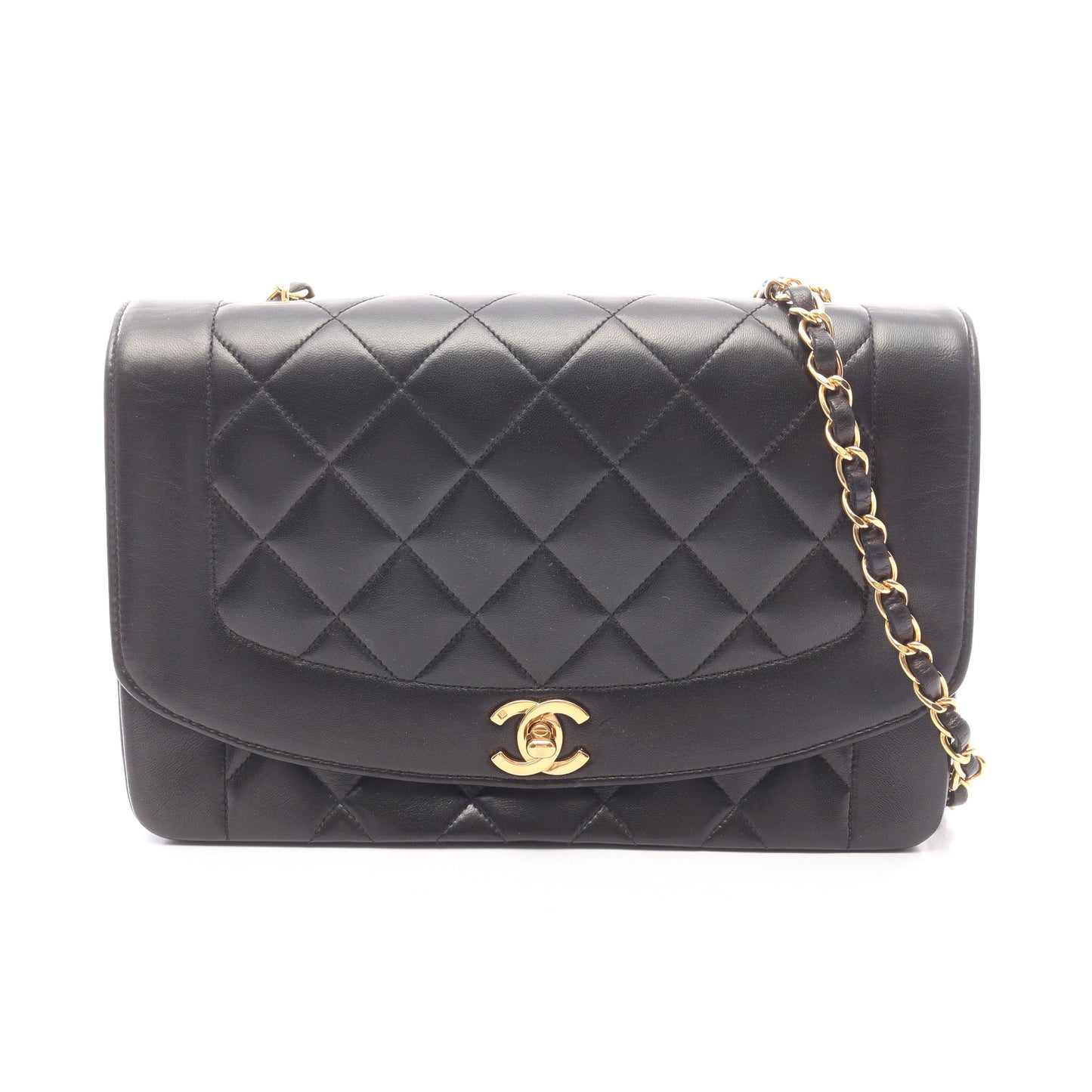 マトラッセ ダイアナフラップ チェーンショルダーバッグ ラムスキン ブラック ゴールド金具 シャネル バッグ CHANEL