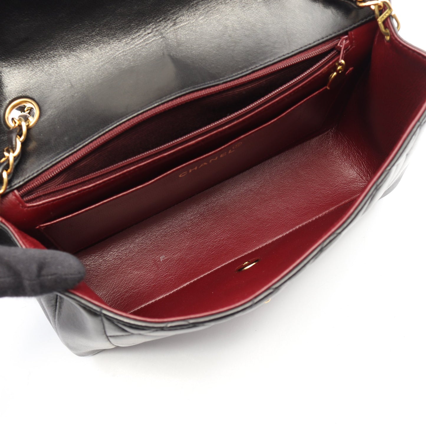マトラッセ ダイアナフラップ チェーンショルダーバッグ ラムスキン ブラック ゴールド金具 シャネル バッグ CHANEL