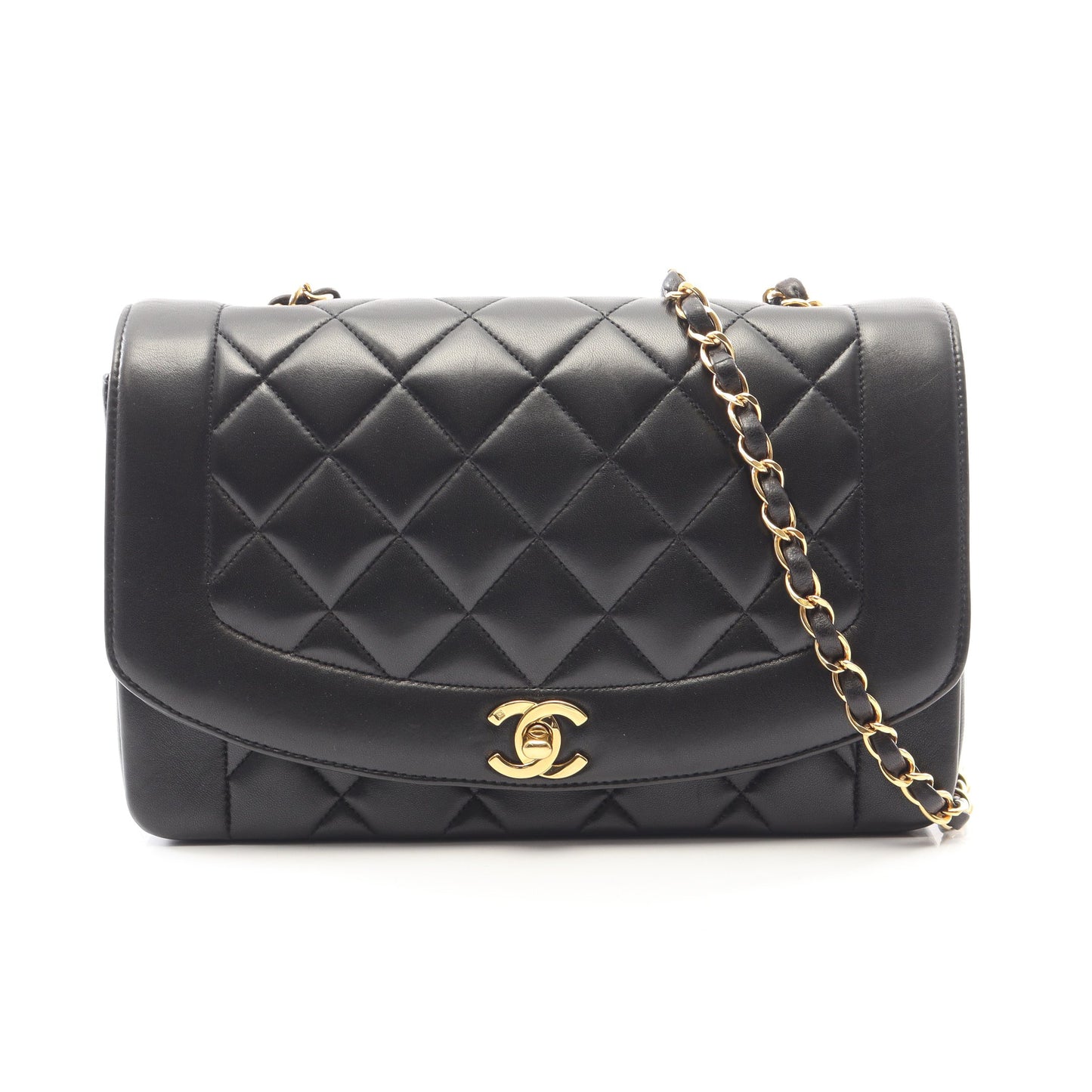マトラッセ ダイアナフラップ チェーンショルダーバッグ ラムスキン ブラック ゴールド金具 シャネル バッグ CHANEL
