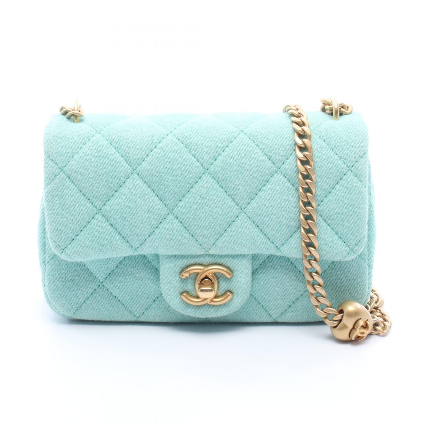 マトラッセ チェーンショルダーバッグ デニム エメラルドグリーン ゴールド金具 シャネル バッグ CHANEL