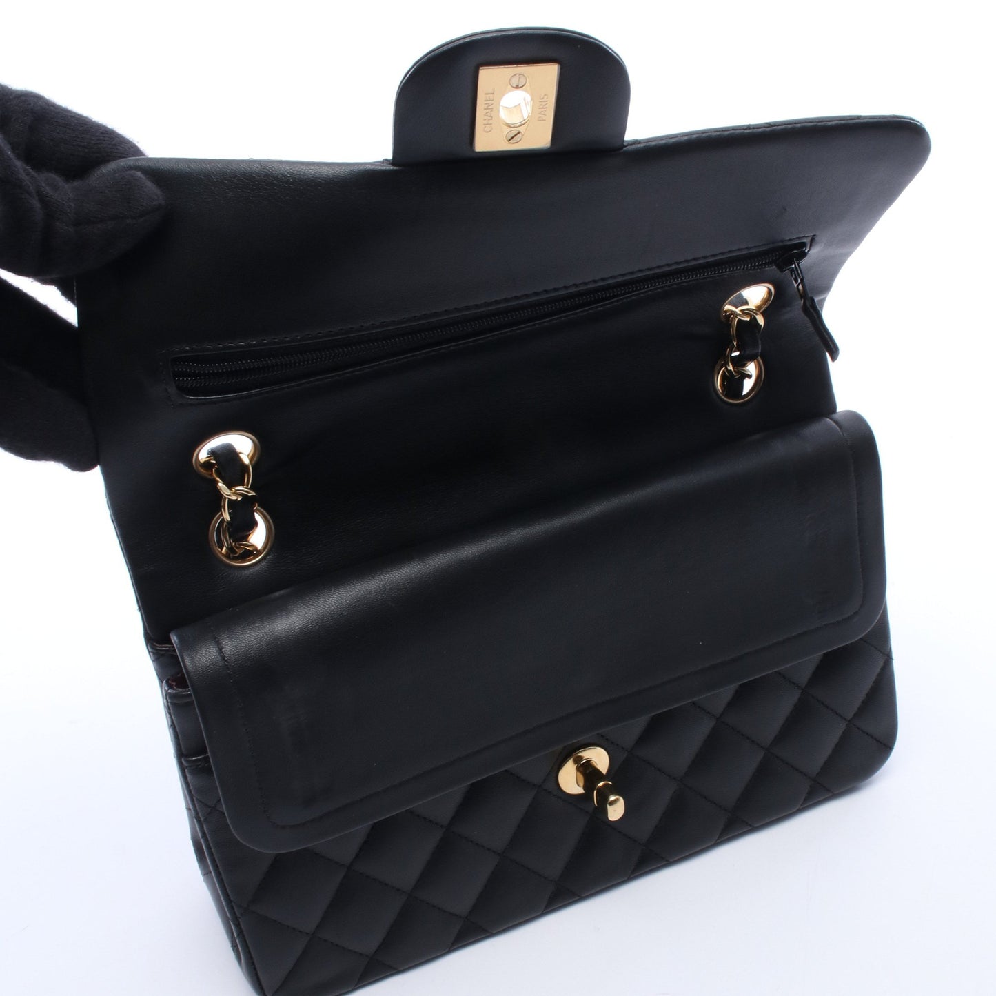 マトラッセ Wフラップ Wチェーンショルダーバッグ ラムスキン ブラック ゴールド金具 シャネル バッグ CHANEL