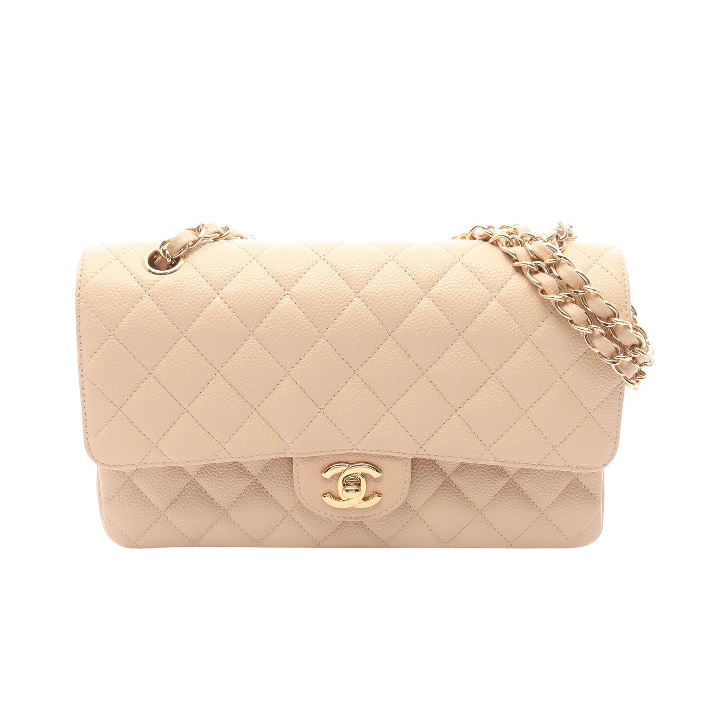 マトラッセ Wフラップ Wチェーンショルダーバッグ キャビアスキン ベージュ ゴールド金具 シャネル バッグ CHANEL