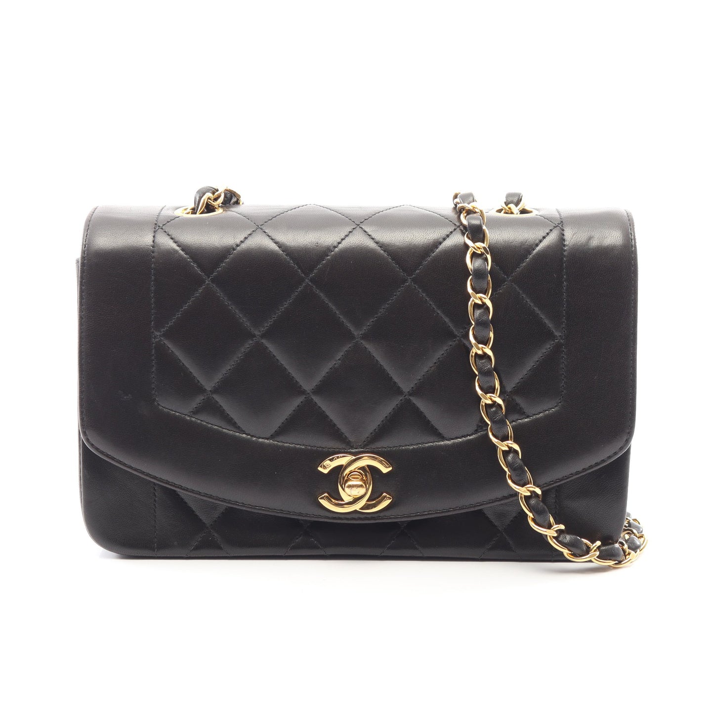 マトラッセ ダイアナフラップ チェーンショルダーバッグ ラムスキン ブラック ゴールド金具 シャネル バッグ CHANEL