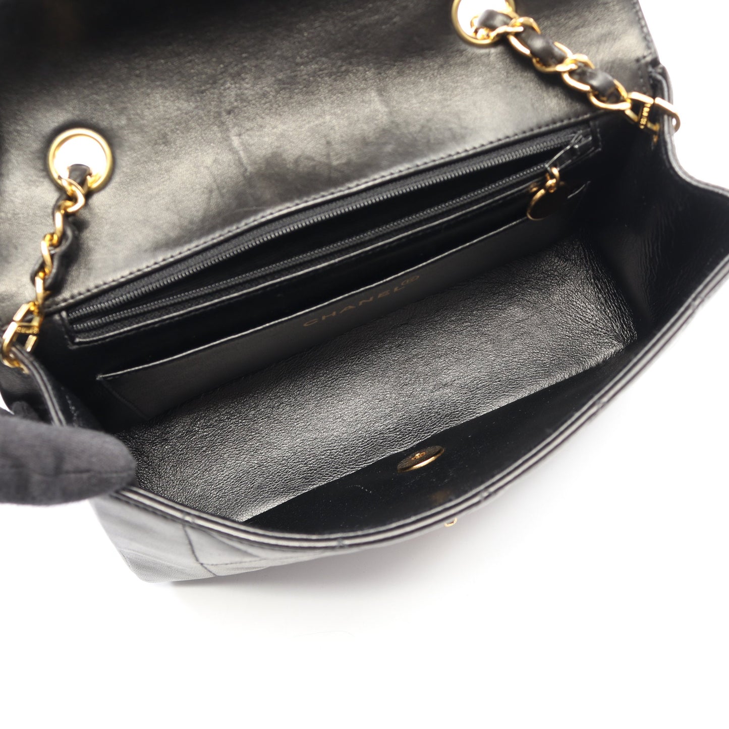 マトラッセ ダイアナフラップ チェーンショルダーバッグ ラムスキン ブラック ゴールド金具 シャネル バッグ CHANEL