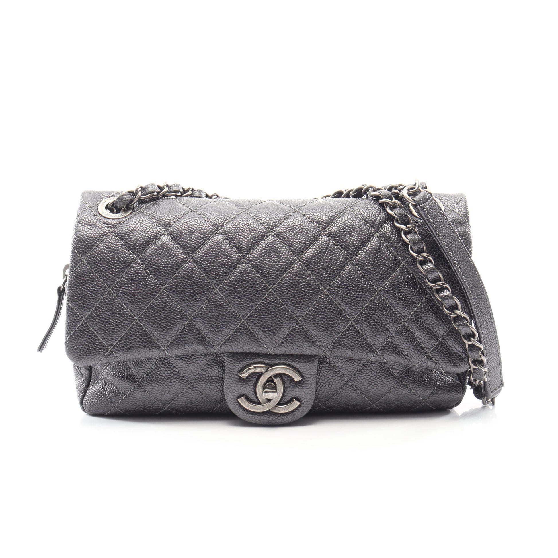 マトラッセ チェーンショルダーバッグ キャビアスキン グレー シルバー金具 シャネル バッグ CHANEL