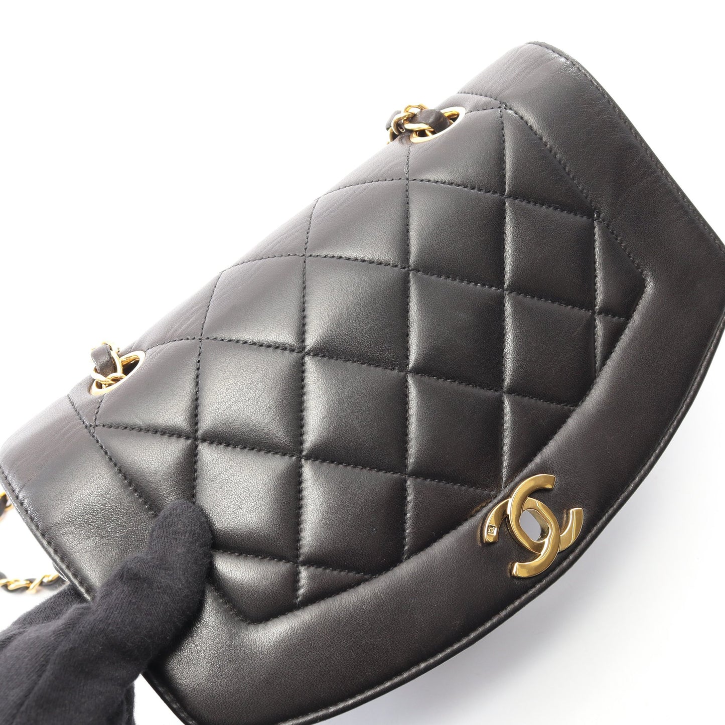 マトラッセ ダイアナフラップ チェーンショルダーバッグ ラムスキン ブラック ゴールド金具 シャネル バッグ CHANEL
