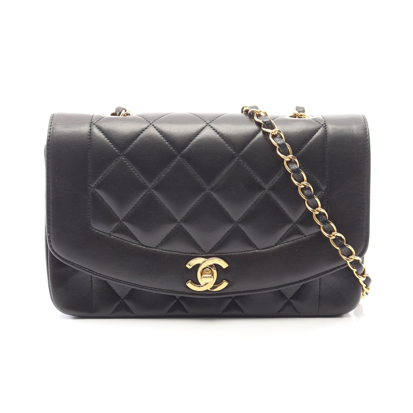 マトラッセ ダイアナフラップ チェーンショルダーバッグ ラムスキン ブラック ゴールド金具 シャネル バッグ CHANEL