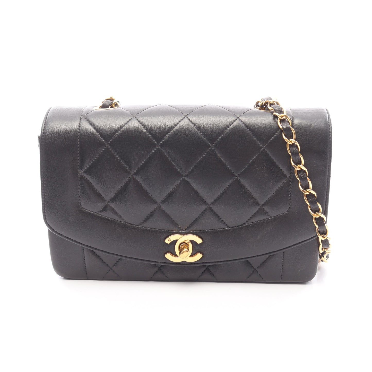 マトラッセ ダイアナフラップ チェーンショルダーバッグ ラムスキン ブラック ゴールド金具 シャネル バッグ CHANEL