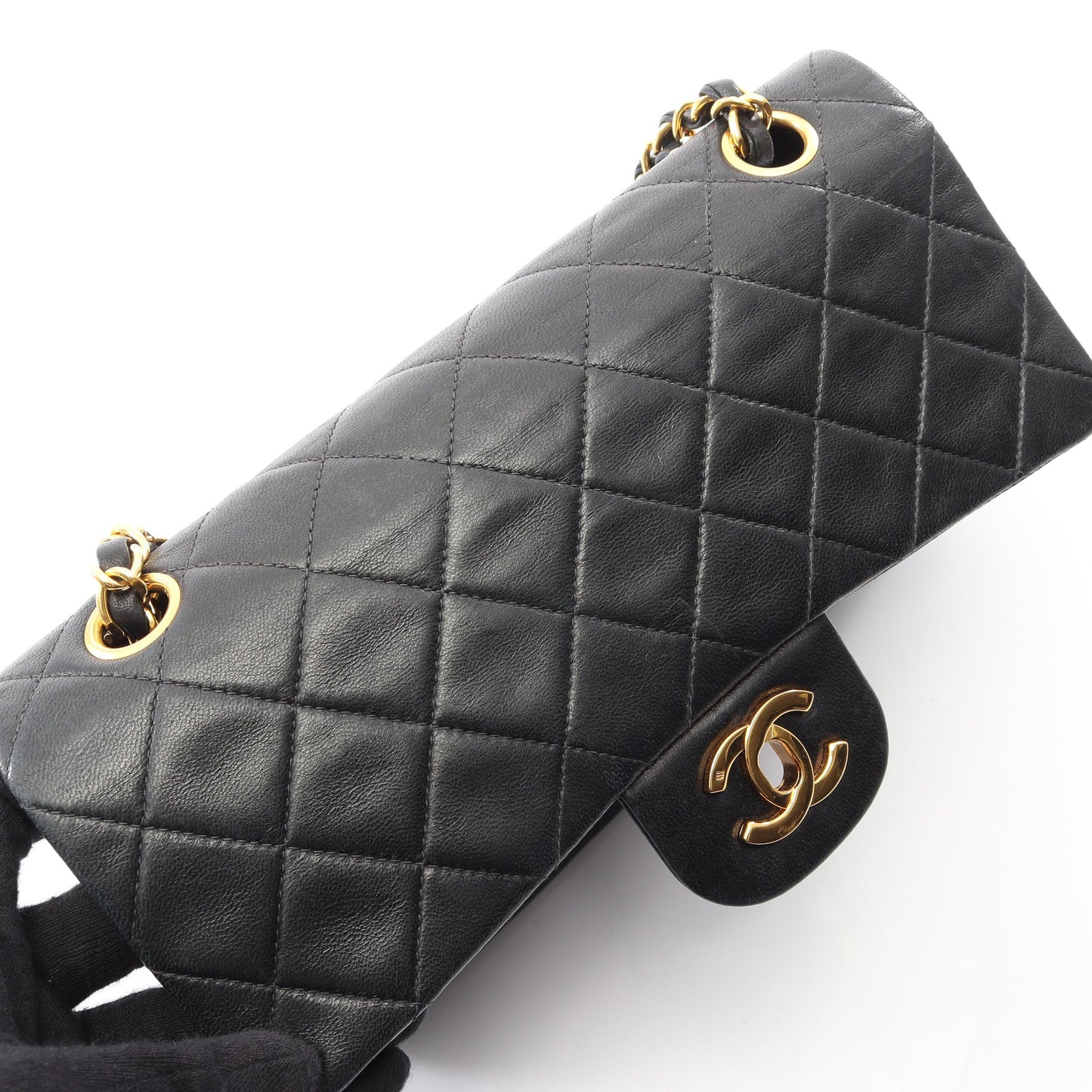 マトラッセ Wフラップ ヴィンテージ Wチェーンショルダーバッグ ラムスキン ブラック ゴールド金具 シャネル バッグ CHANEL