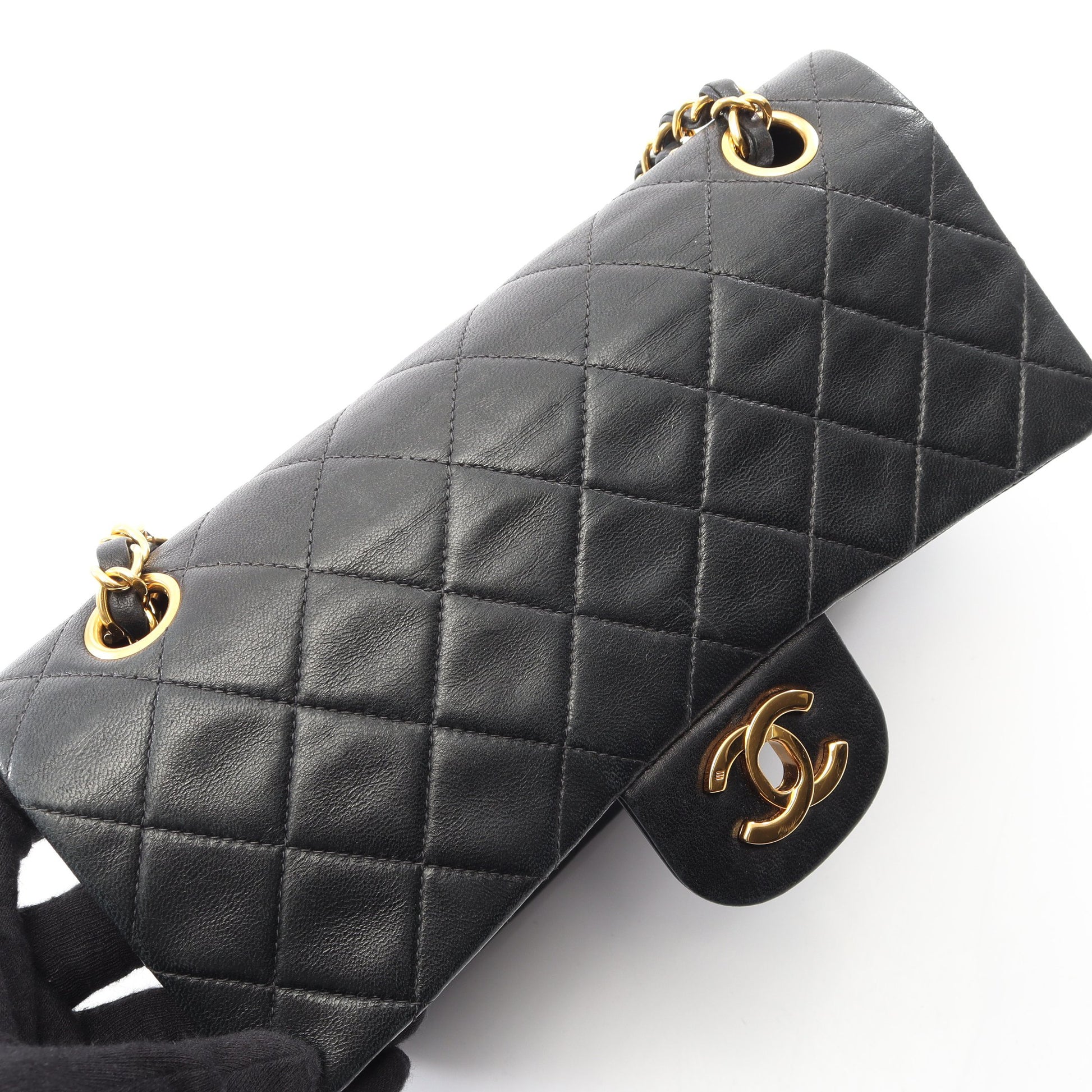 マトラッセ Wフラップ ヴィンテージ Wチェーンショルダーバッグ ラムスキン ブラック ゴールド金具 シャネル バッグ CHANEL