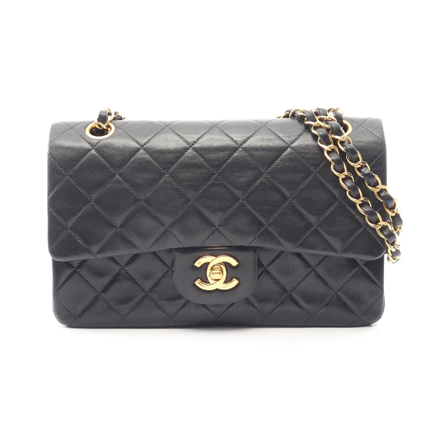 マトラッセ Wフラップ ヴィンテージ Wチェーンショルダーバッグ ラムスキン ブラック ゴールド金具 シャネル バッグ CHANEL