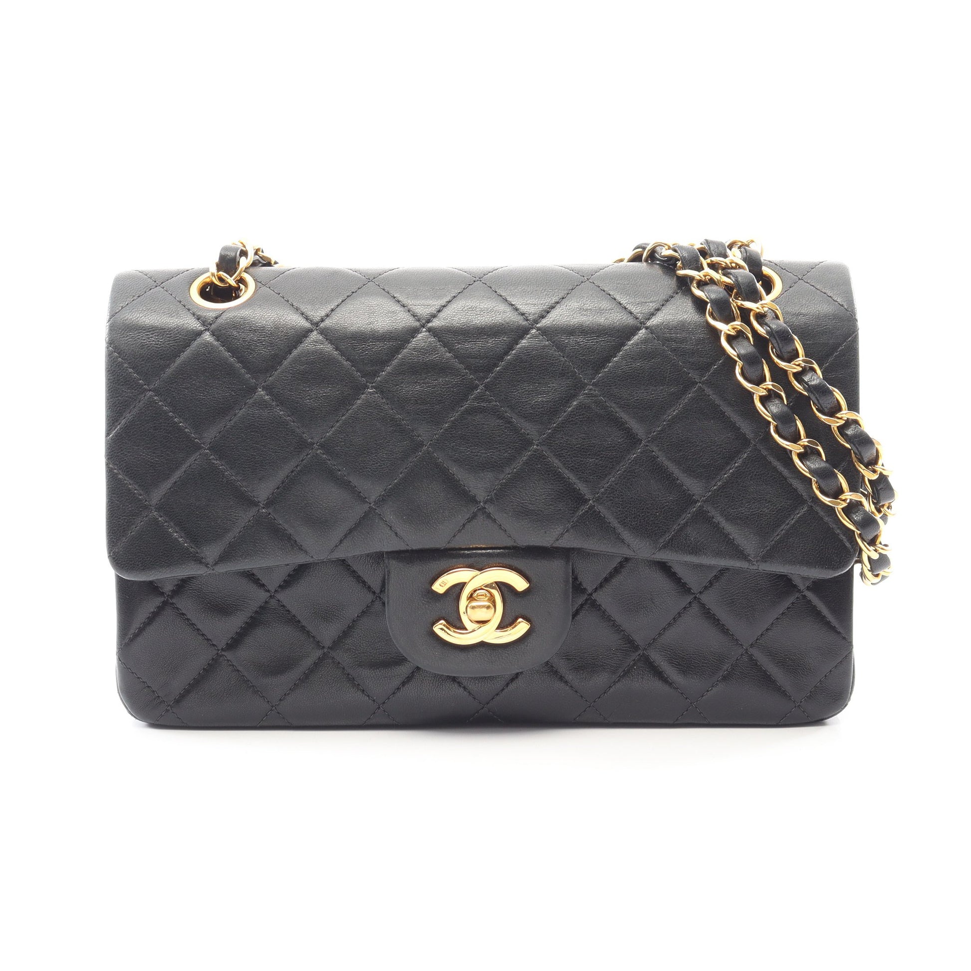 マトラッセ Wフラップ ヴィンテージ Wチェーンショルダーバッグ ラムスキン ブラック ゴールド金具 シャネル バッグ CHANEL