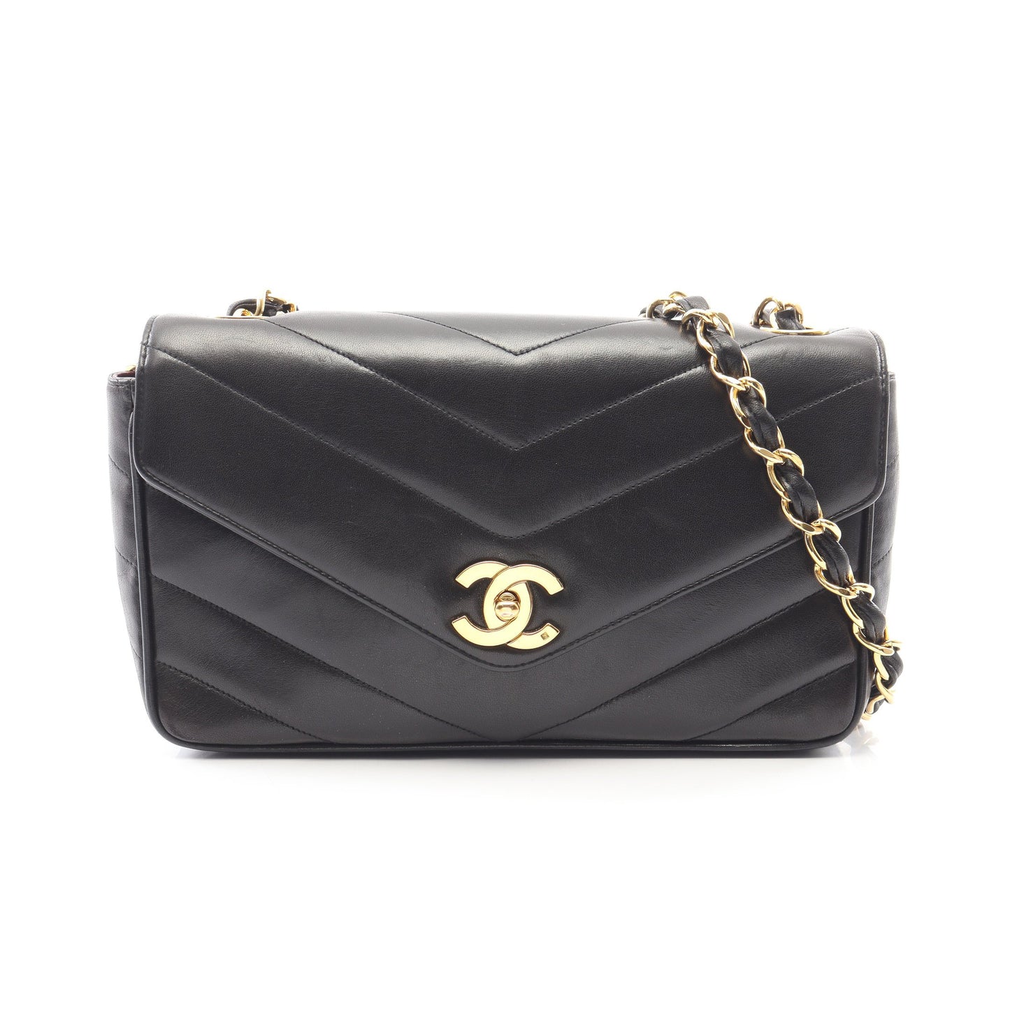 Vステッチ チェーンショルダーバッグ ラムスキン ブラック ゴールド金具 シャネル バッグ CHANEL