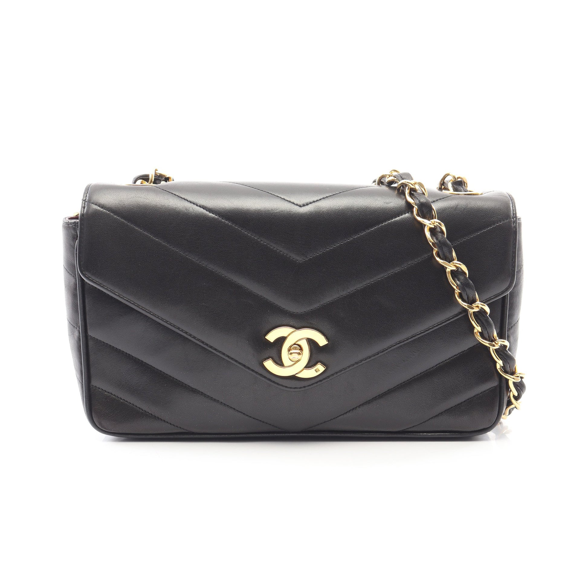 Vステッチ チェーンショルダーバッグ ラムスキン ブラック ゴールド金具 シャネル バッグ CHANEL