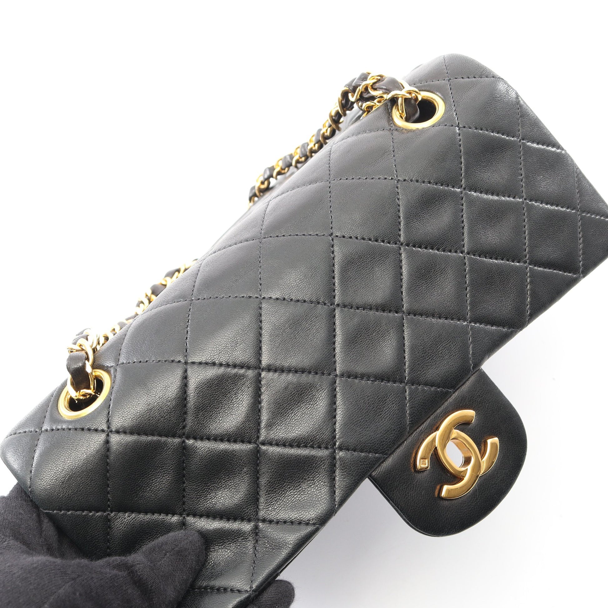マトラッセ Wフラップ Wチェーンショルダーバッグ ラムスキン ブラック ゴールド金具 シャネル バッグ CHANEL