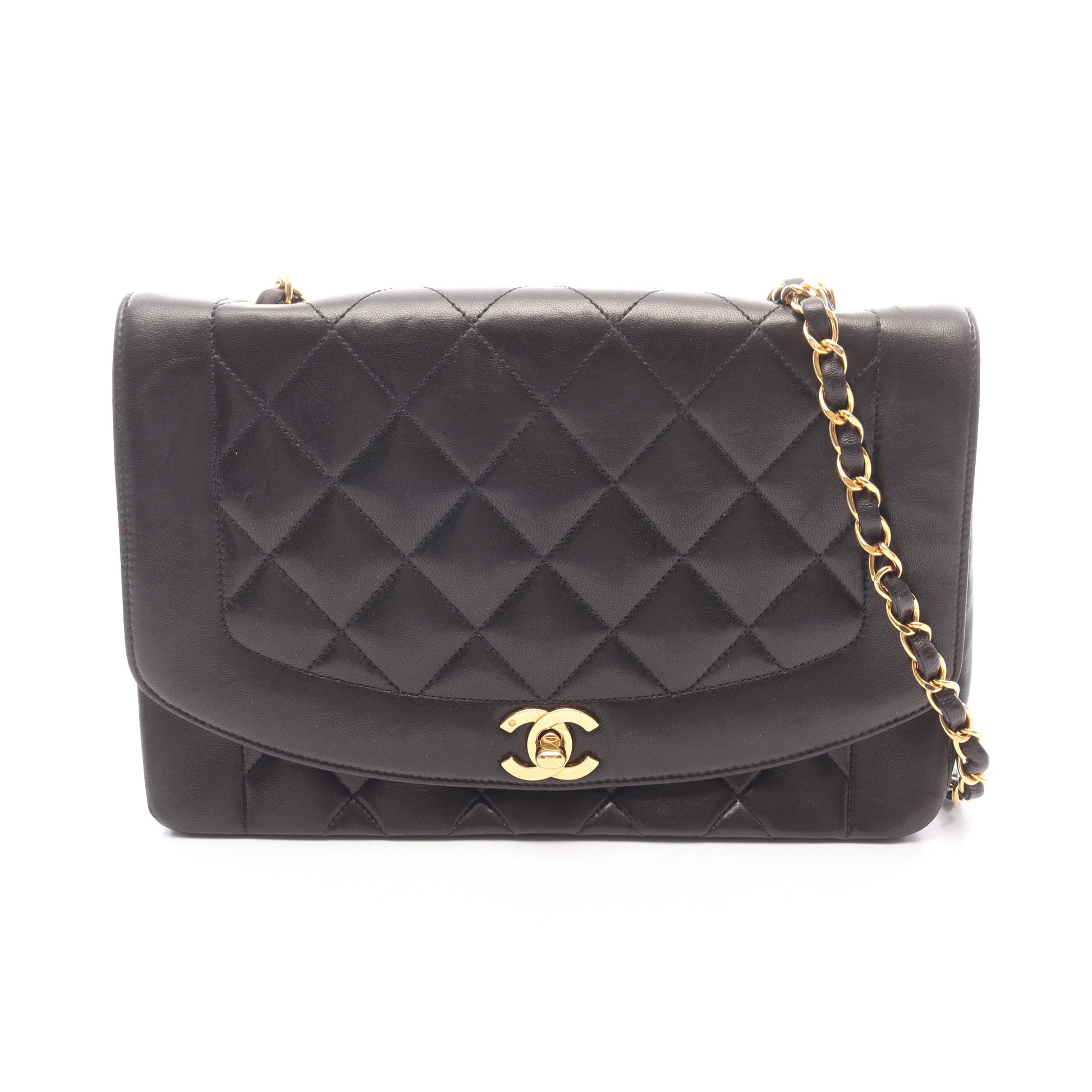 マトラッセ ダイアナフラップ チェーンショルダーバッグ ラムスキン ブラック ゴールド金具 シャネル バッグ CHANEL