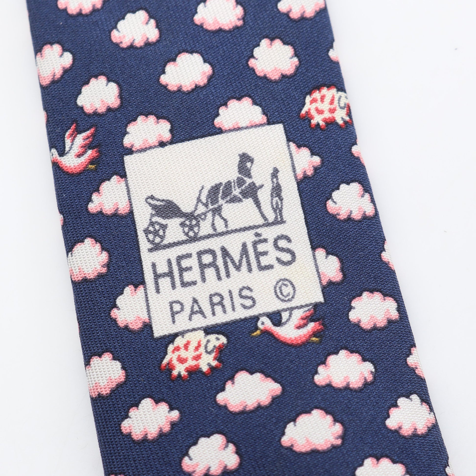 総柄 雲 羊 鳥 ネクタイ シルク ネイビー ホワイト ピンク エルメス 財布・小物 HERMES