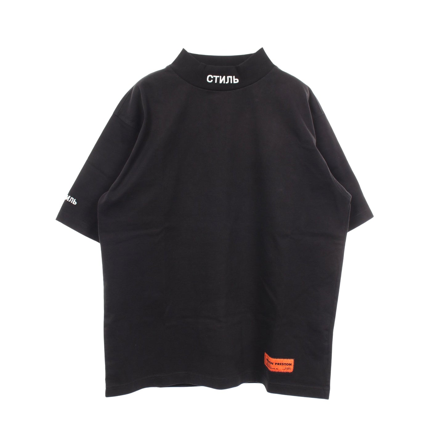 モックネック 刺繍 半袖Tシャツ コットン ブラック ヘロンプレストン トップス HERON PRESTON