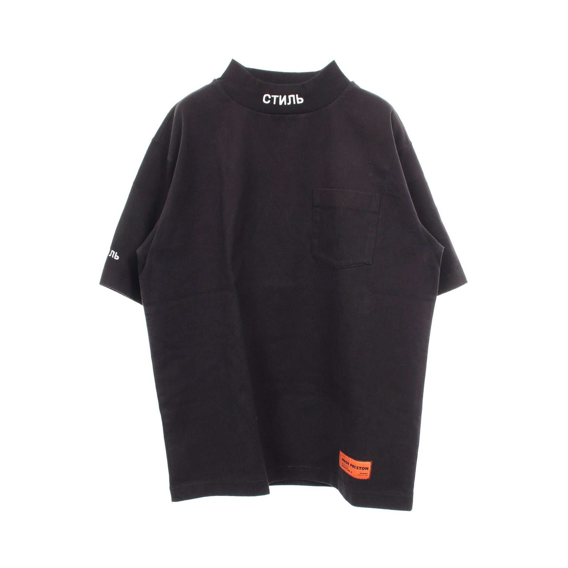 モックネック 刺繍 半袖Tシャツ コットン ブラック ヘロンプレストン トップス HERON PRESTON