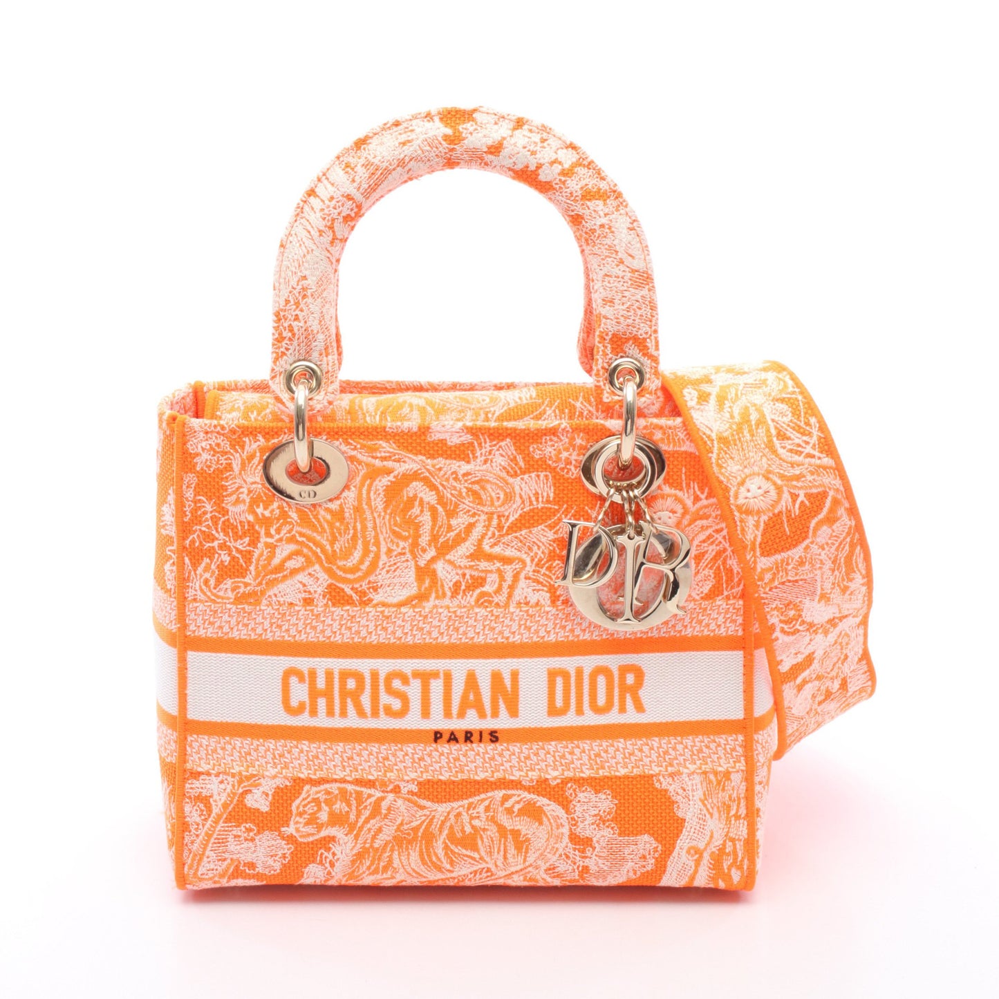 LADY D-LITE ミディアム 2WAY ハンドバッグ キャンバス オレンジ ホワイト クリスチャンディオール バッグ Christian Dior