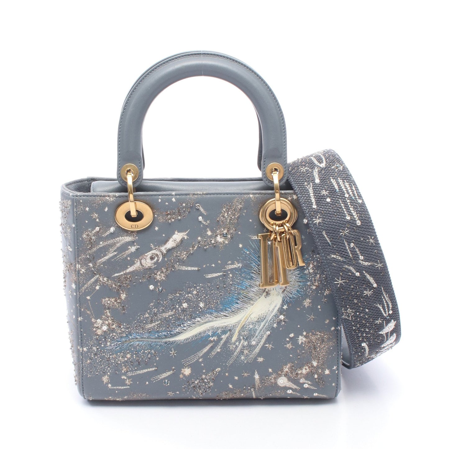 LADY DIOR レディディオール 刺繍 2WAY ハンドバッグ レザー ブルーグレー クリスチャンディオール バッグ Christian Dior