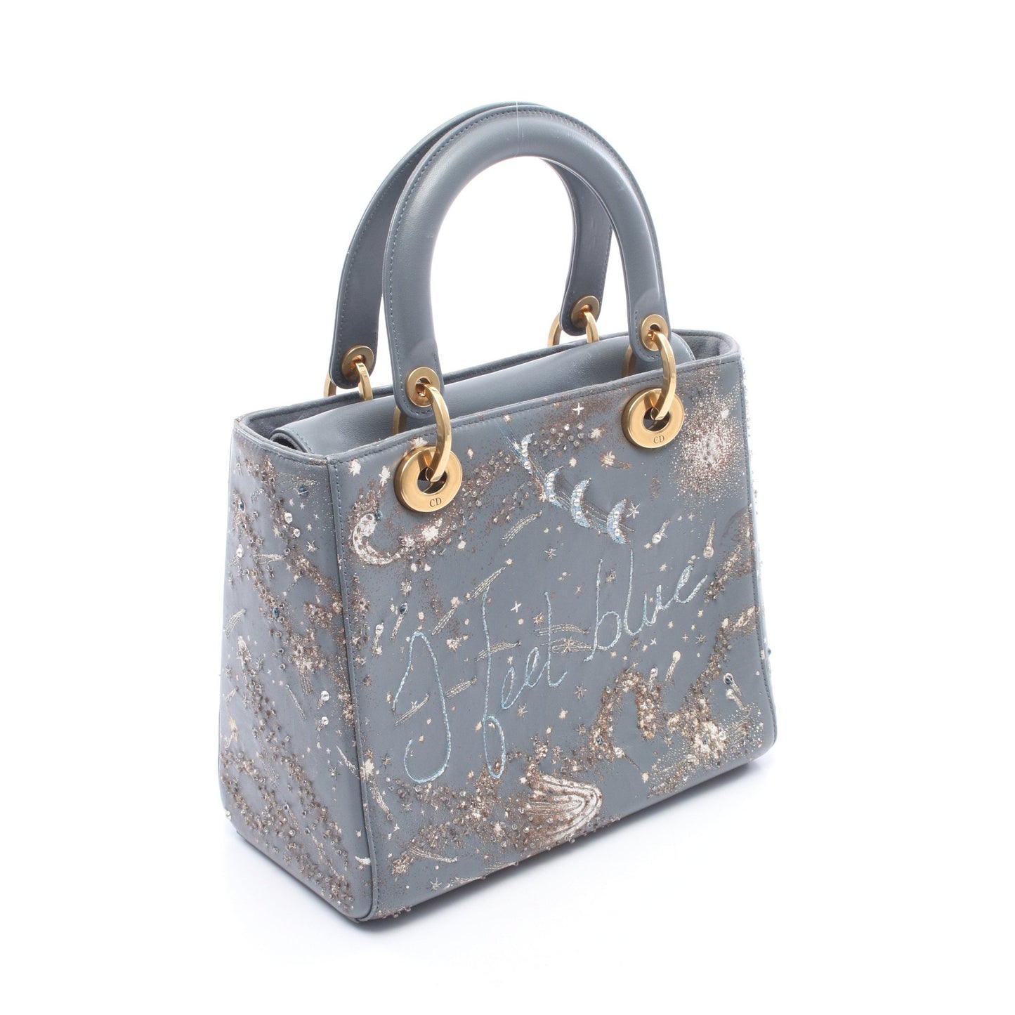 LADY DIOR レディディオール 刺繍 2WAY ハンドバッグ レザー ブルーグレー クリスチャンディオール バッグ Christian Dior