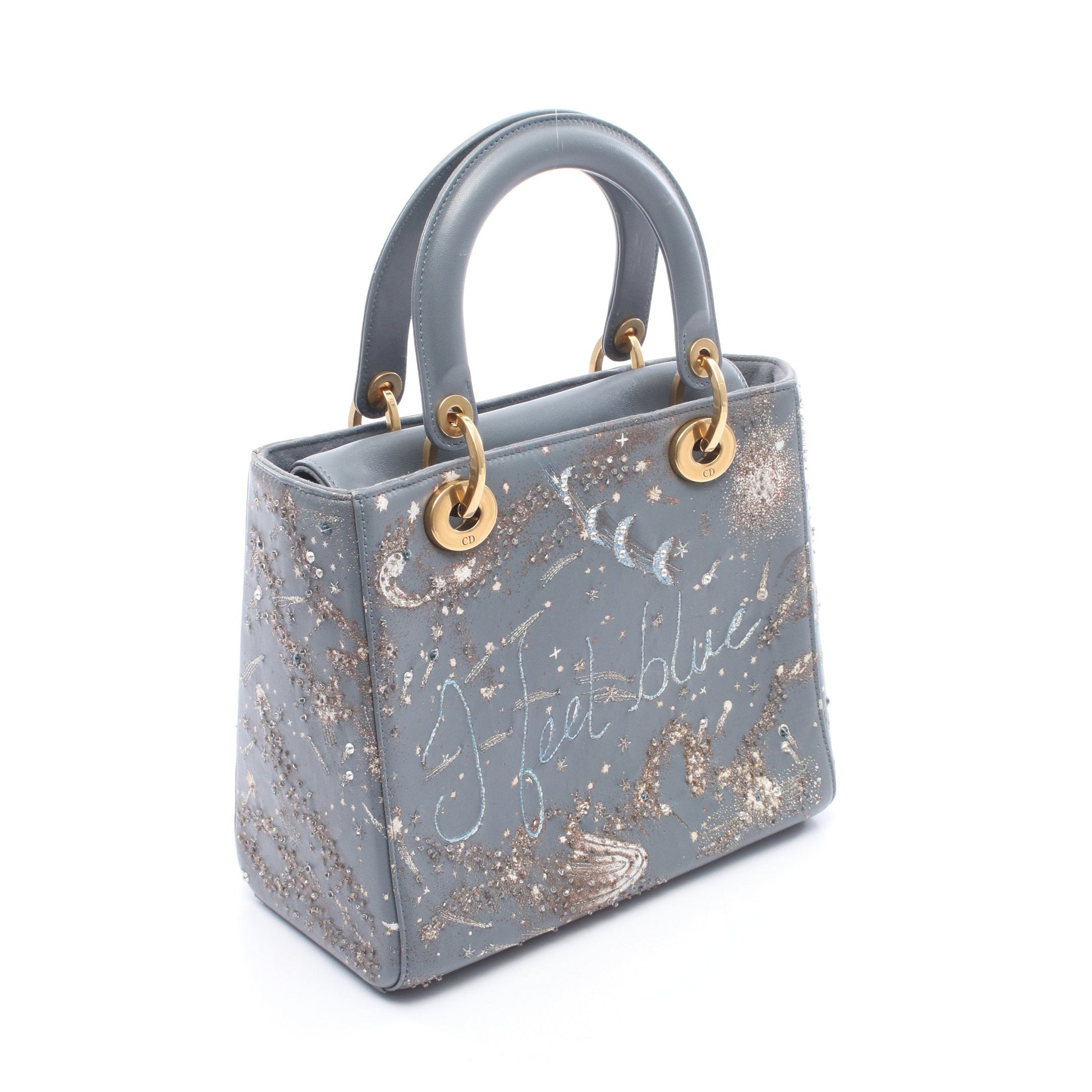 LADY DIOR レディディオール 刺繍 2WAY ハンドバッグ レザー ブルーグレー クリスチャンディオール バッグ Christian Dior
